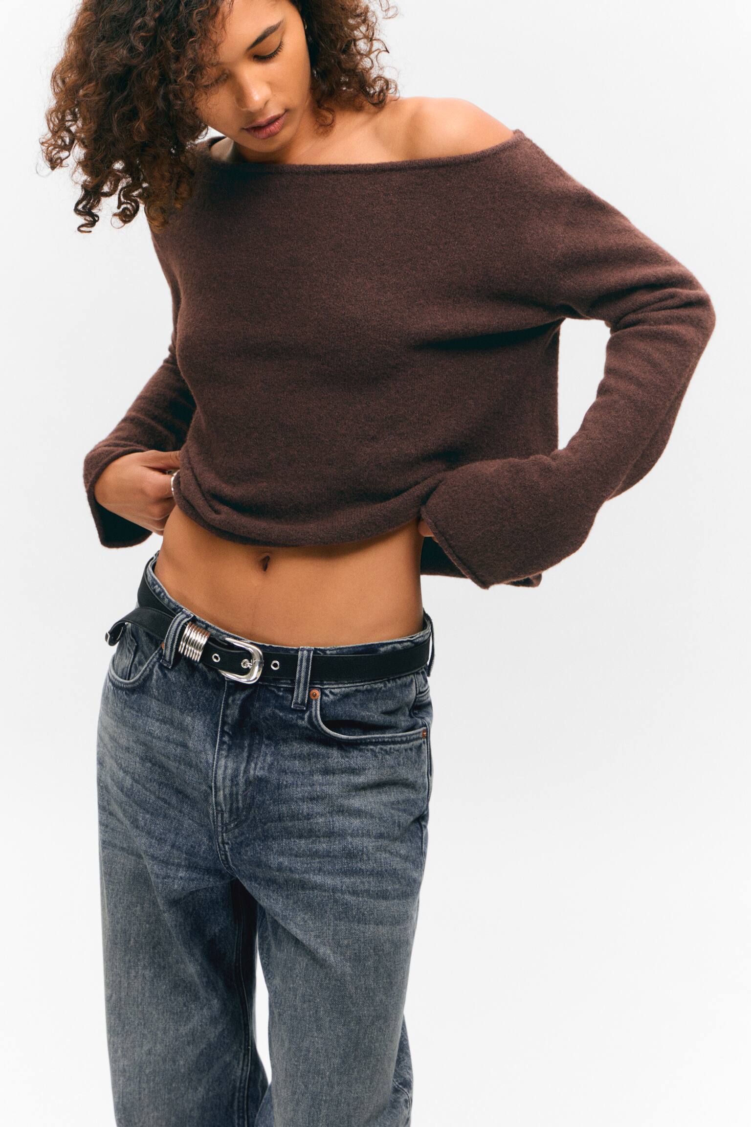 Soft Knit Boat-Neck Sweater - Mørkebrun/Light White/Støvet blå - 1