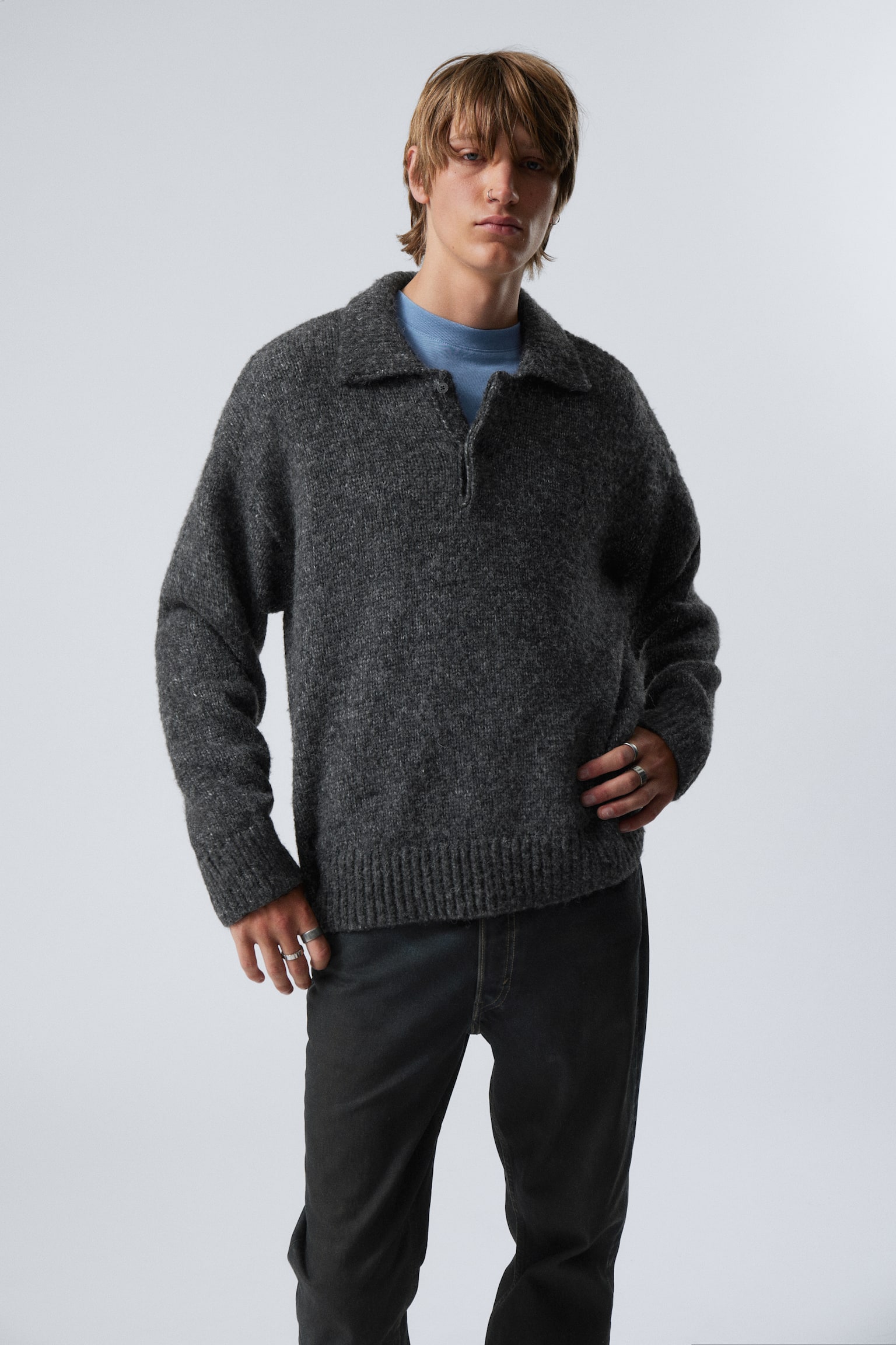 Bobby Relaxed Knitted Polo Sweater - Dark Grey - 1