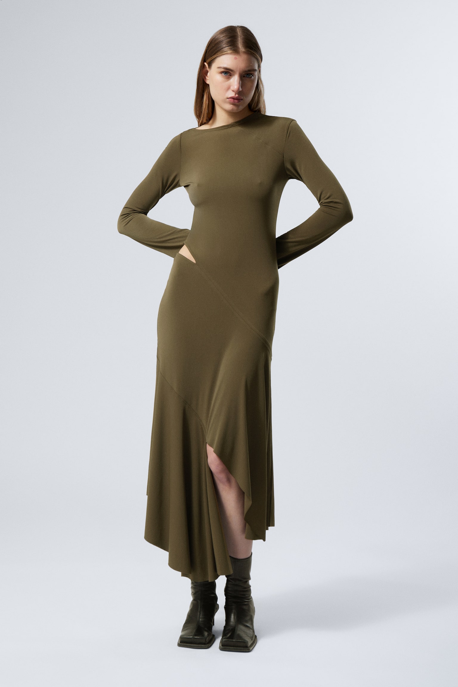 Long-Sleeved Asymmetric Draped Dress - Dark Khaki Green/Black