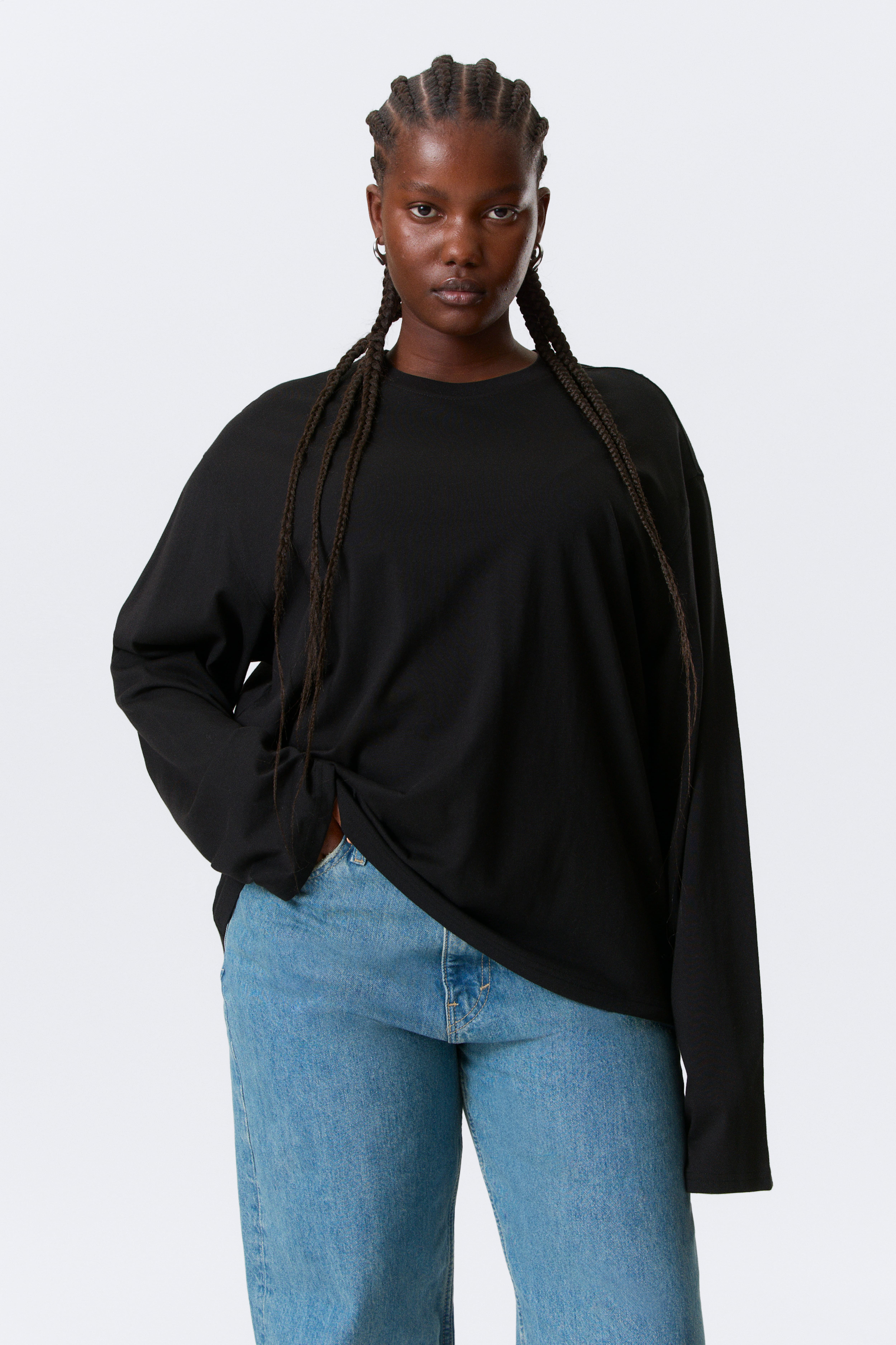 Long-Sleeved Boxy Cotton T-shirt - Black/Λευκό/Φωτεινό μπλε/Ριγέ Μαύρο