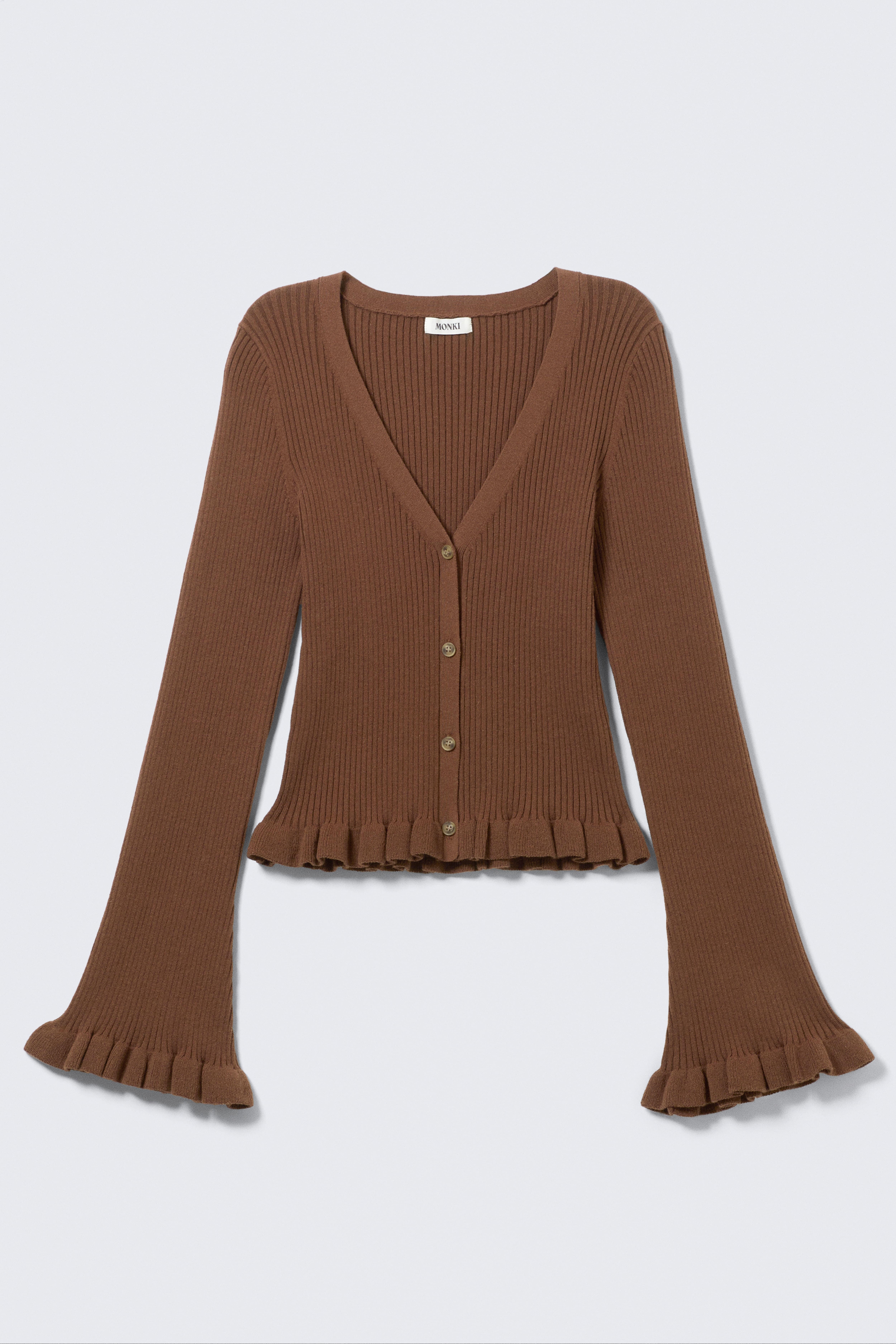 Cardigan en maille à col en V - Marron foncé/Jaune clair rayé