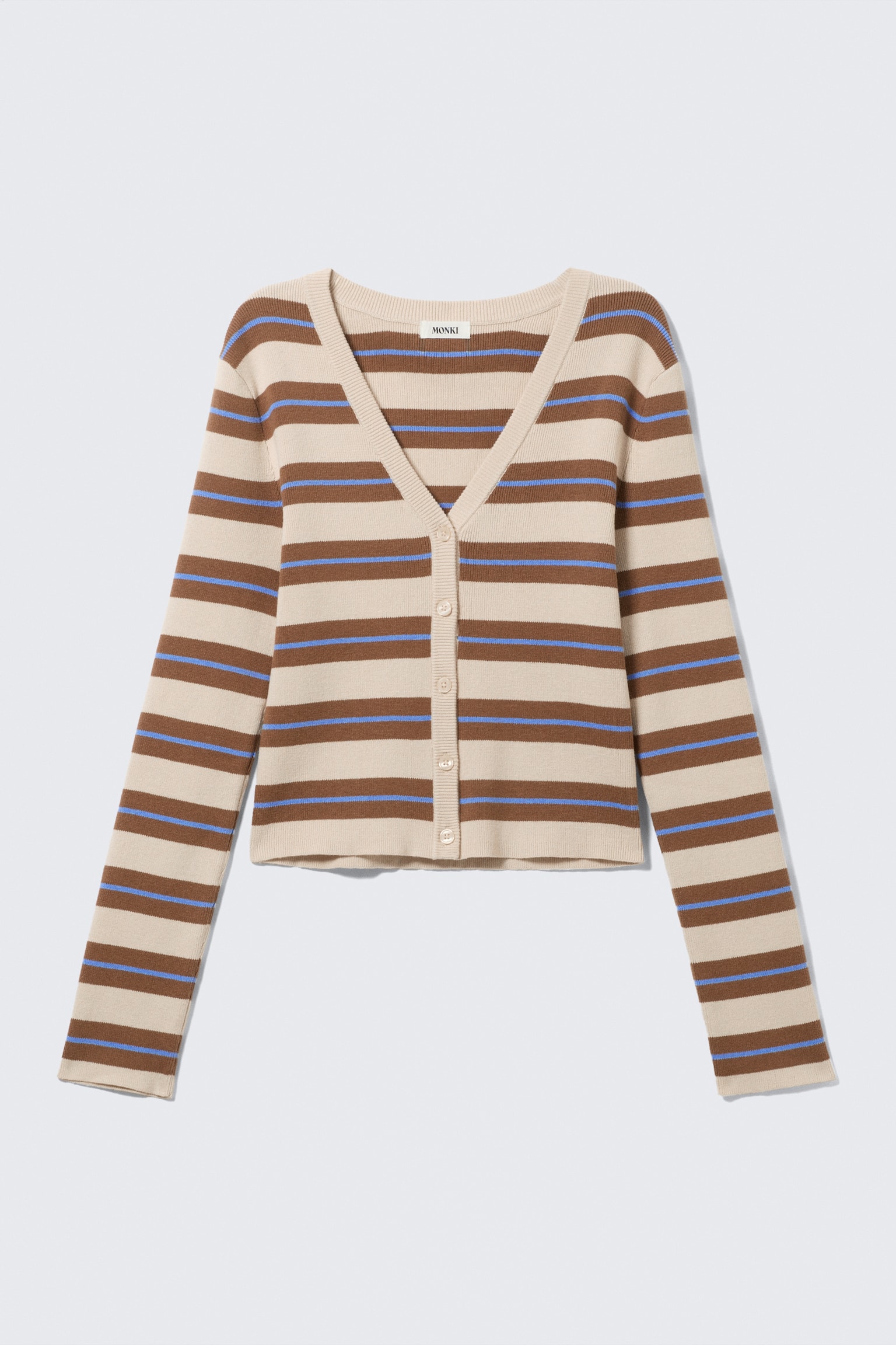 Kort stickad v-ringad cardigan - Randig Brun/Gråmelerad - 2