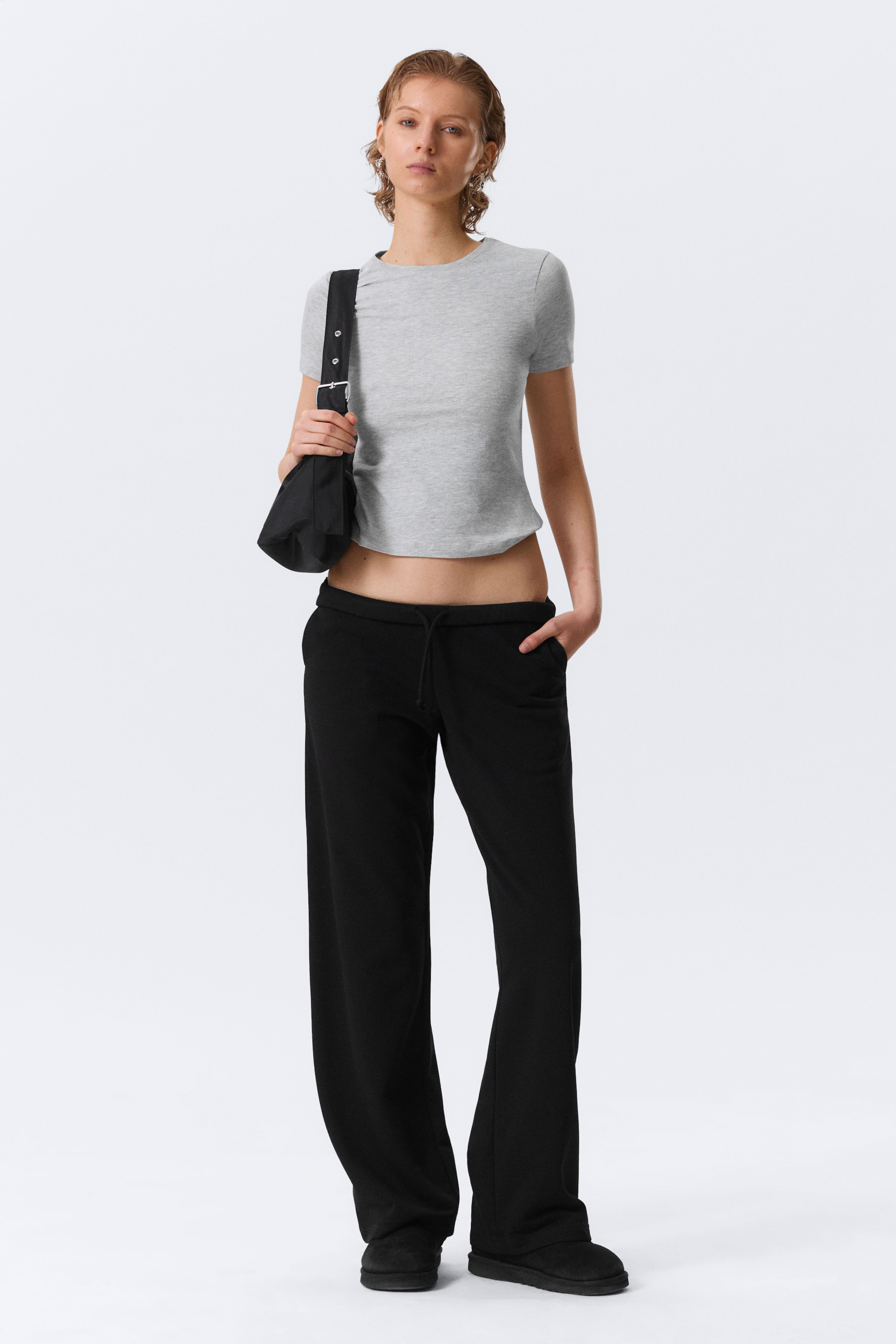 Badstof joggingbroek met lage taille - Zwart/Grijs gemêleerd