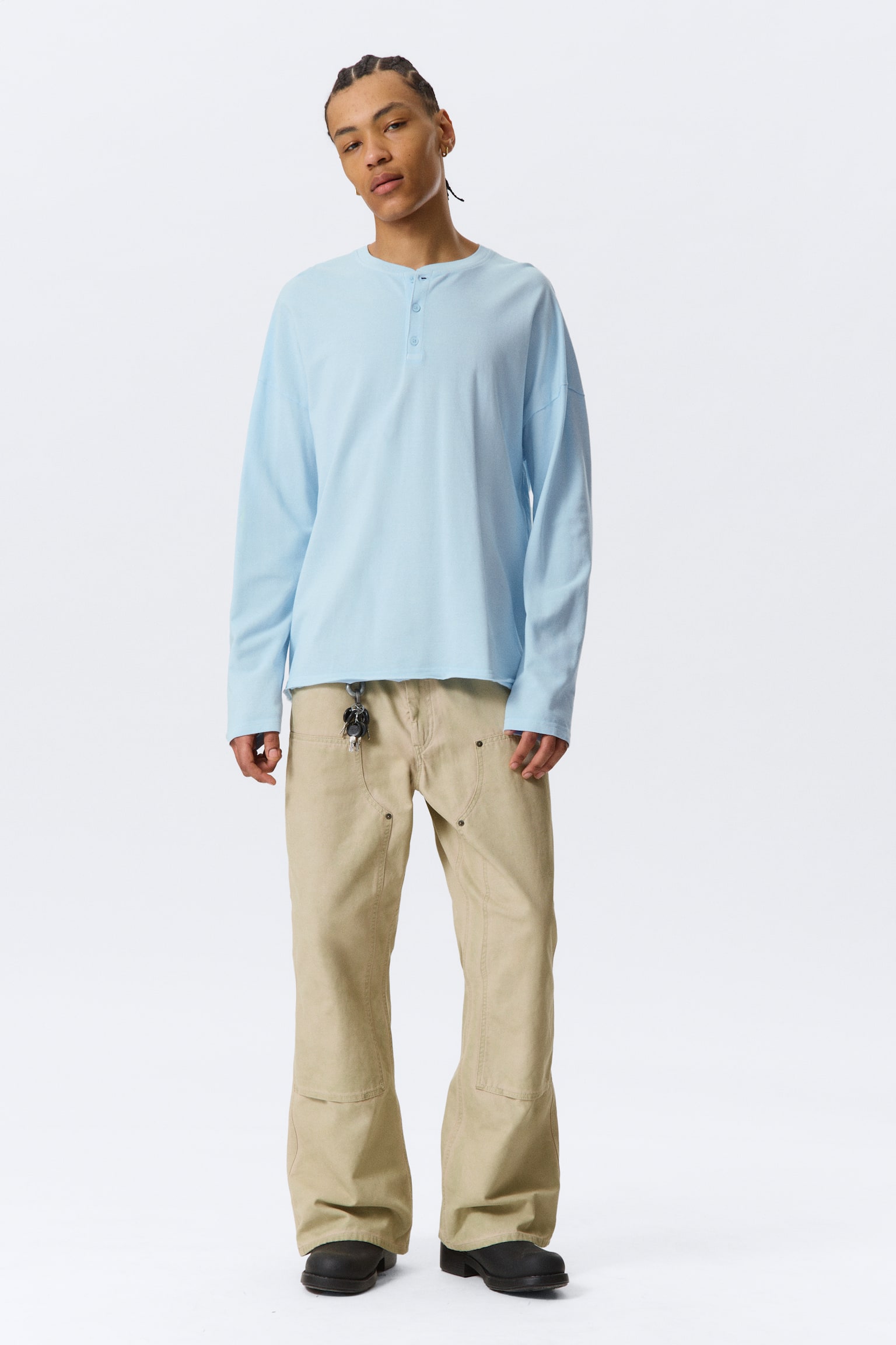 Voľné tričko Henley s dlhým rukávom - Svetlomodrá/Tmavosivá - 5