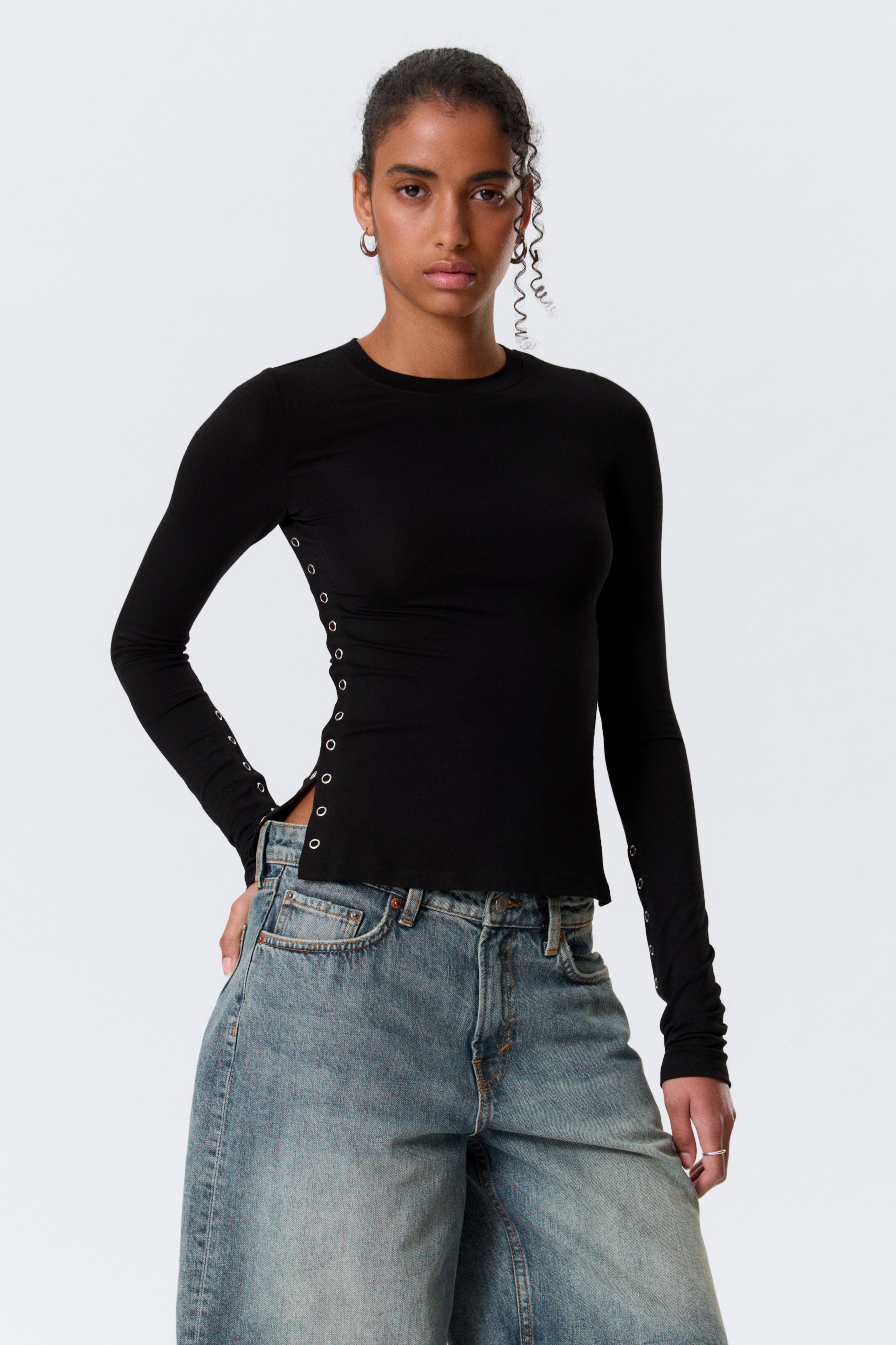 Top slim a maniche lunghe - Nero/Grigio polvere