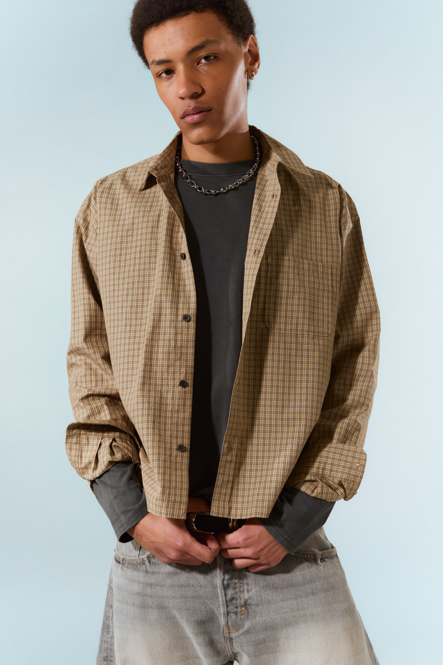 Camicia popeline Relaxed Boxy - Beige a quadretti - 1