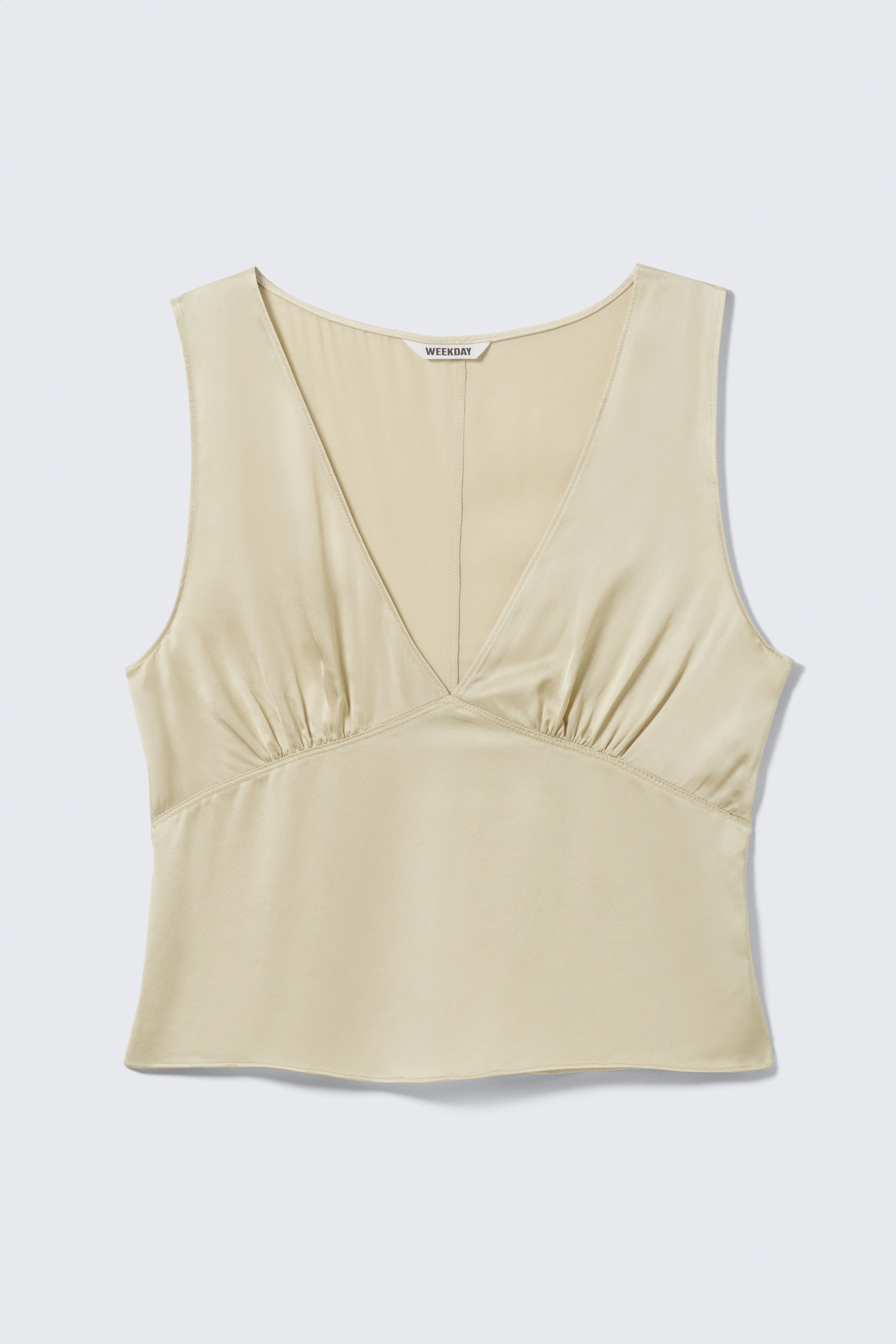Mouwloze satijnen top met V-hals - Vaal lichtbeige/Zwart
