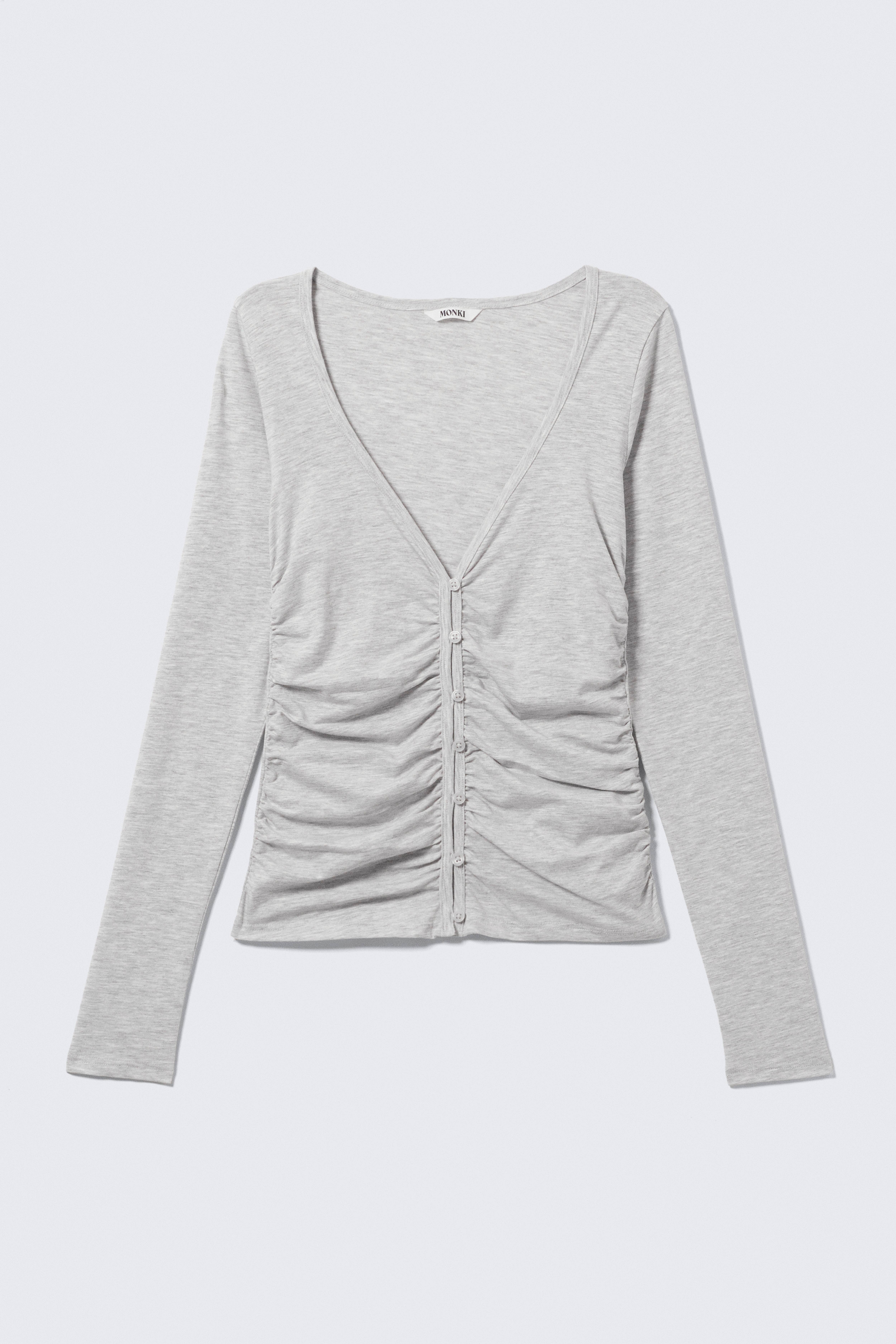 BELLE B CARDIGAN MED V-HALS OG RYNKER - Lys gråmeleret/Sort/Hvid/Lilla