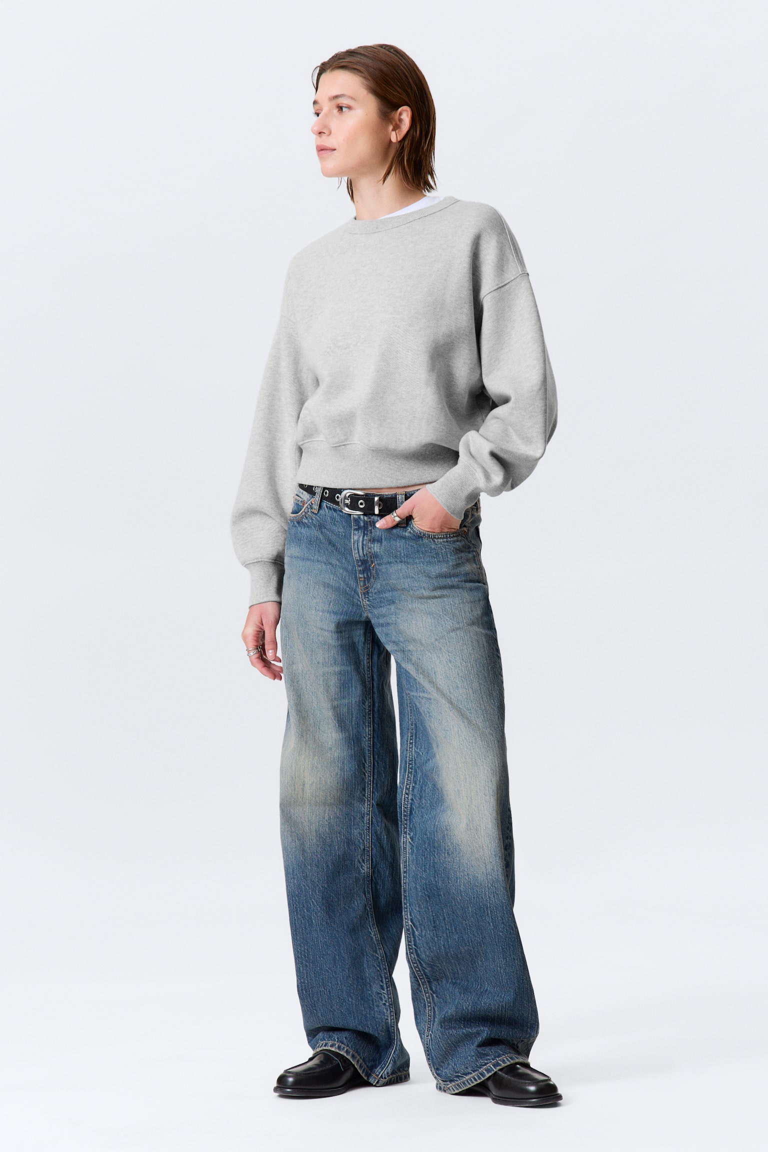 Sweat court boxy en coton - Gris chiné/Bleu foncé - 6