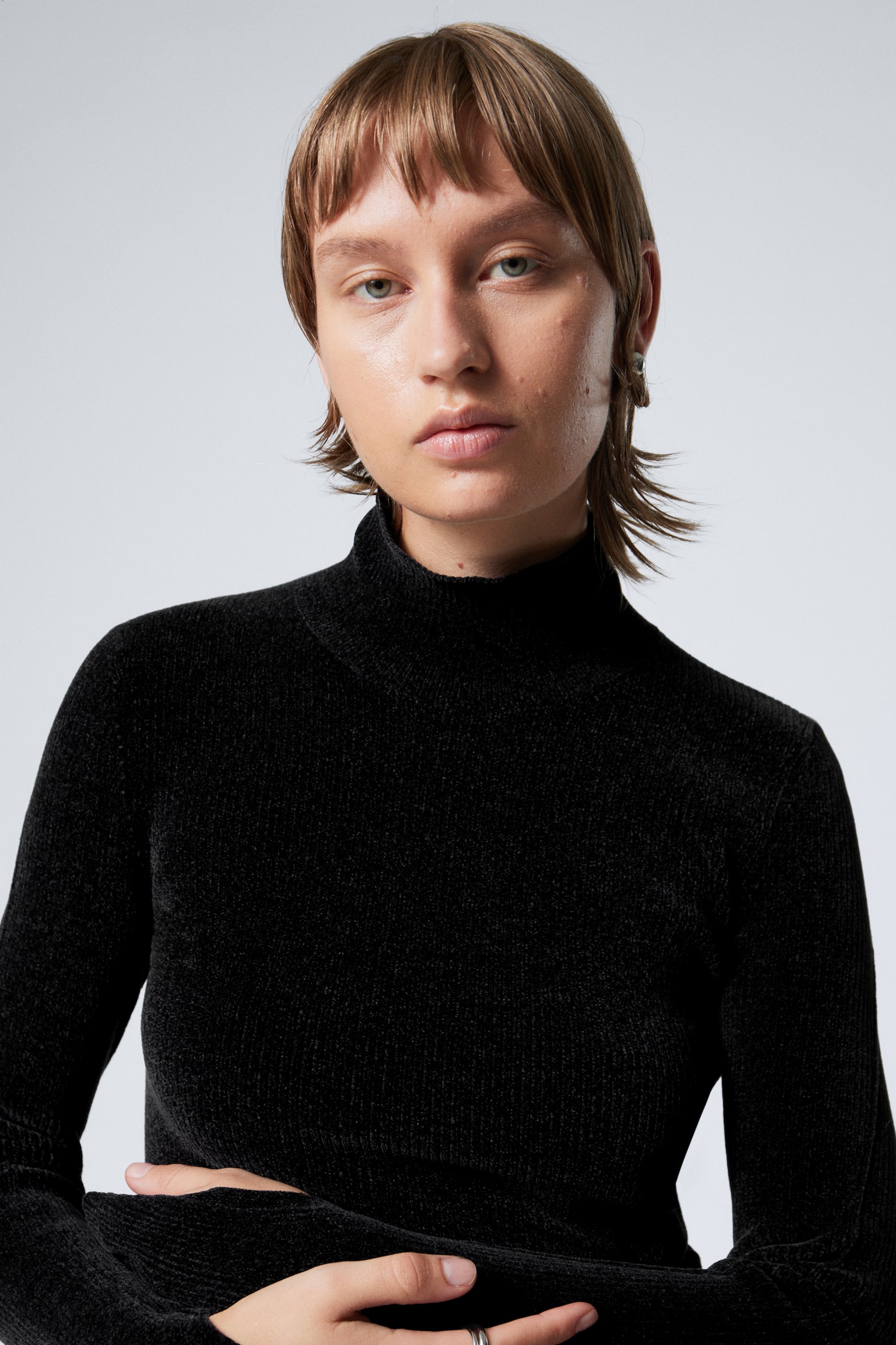 Rib-Knit Chenille Turtleneck Sweater - Black/Bright Blue - 4