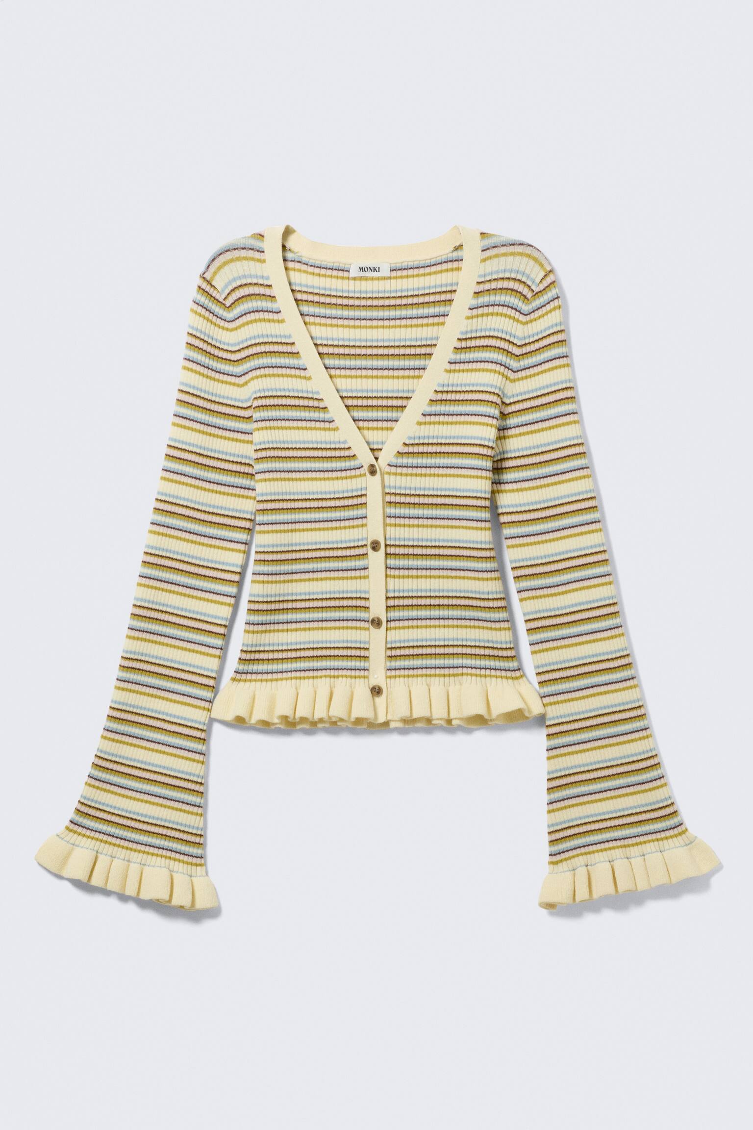 Gestrickter Cardigan mit V-Ausschnitt - Hellgelb gestreift/Dunkelbraun - 2