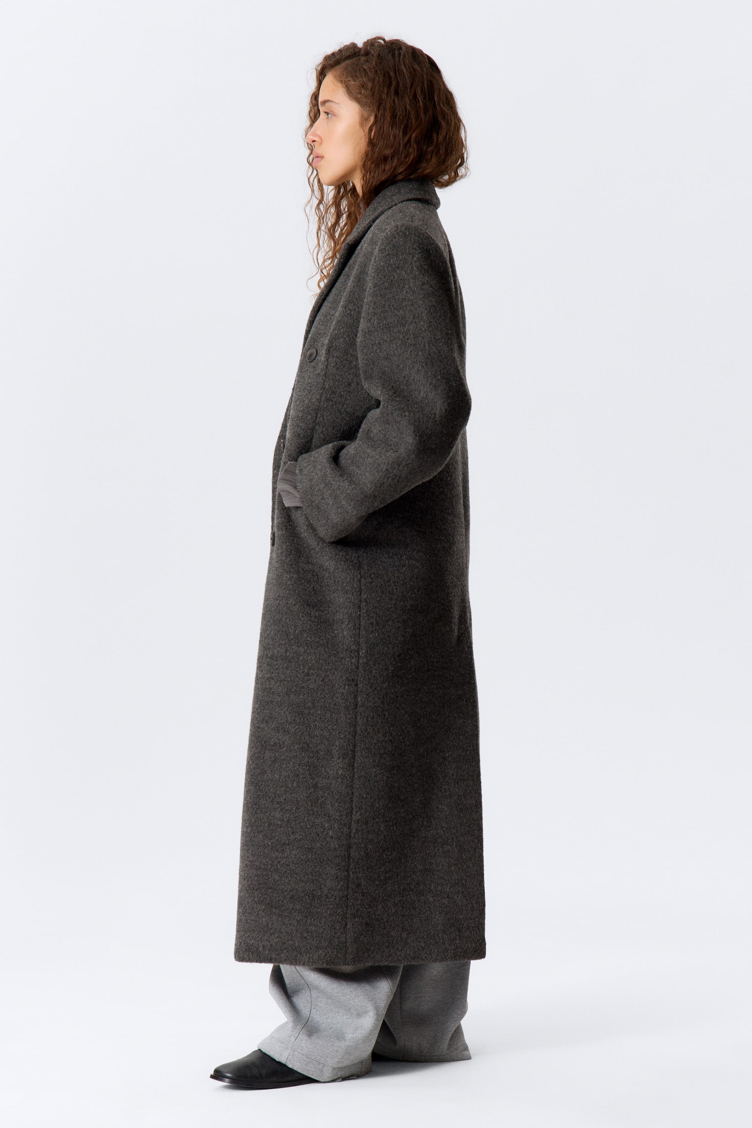 Палто Logan Hairy с двуредно закопчаване от вълнена смес - Тъмно сив меланж - 7