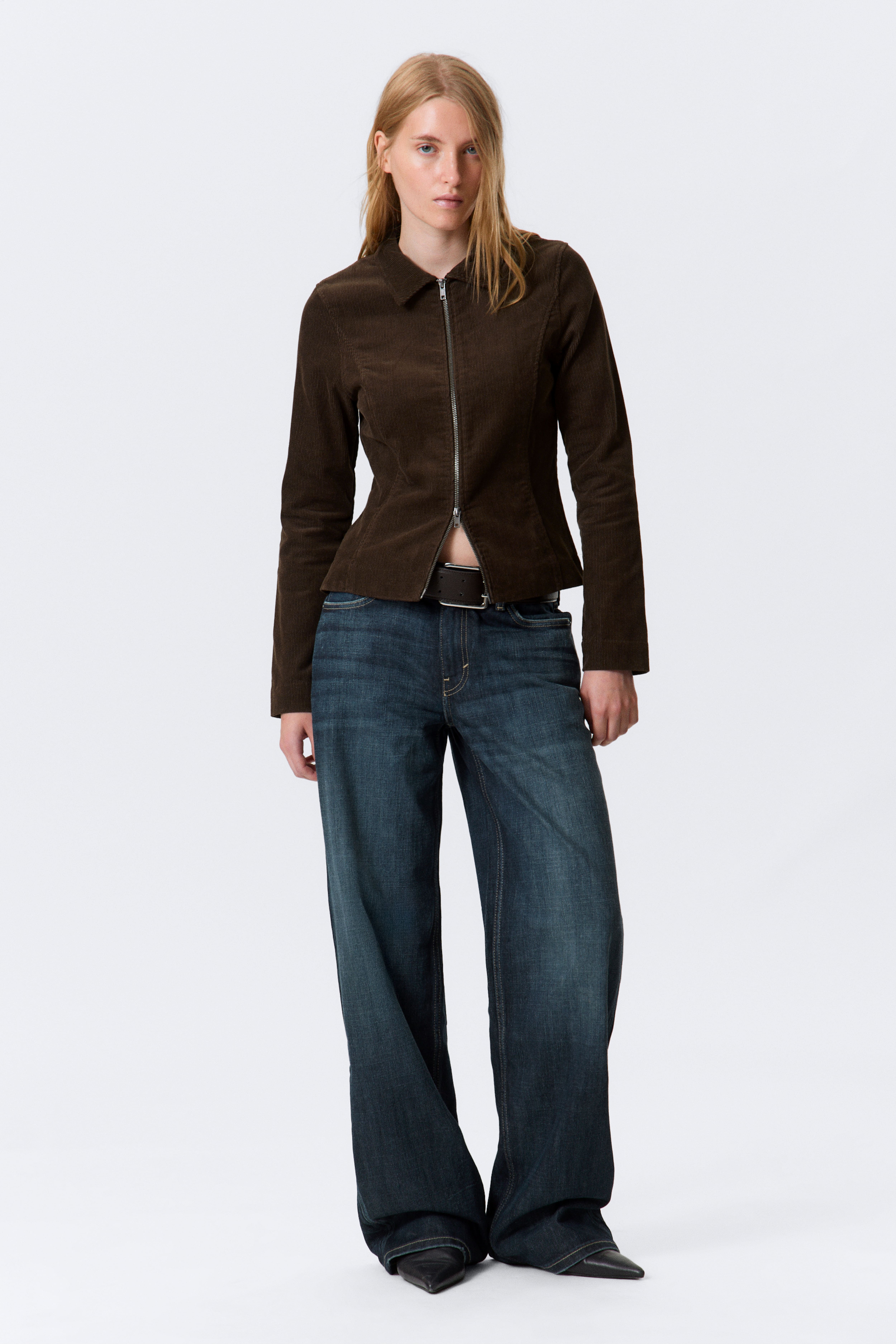 Giacca aderente in velluto a coste con cerniera - Marrone a coste/Grigio scuro a righe