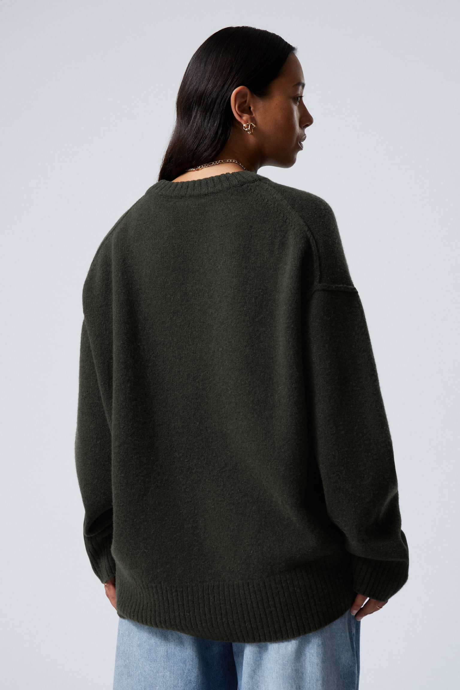 Loose Knitted Wool Sweater - Dark Green Melange/Grey Melange - 4