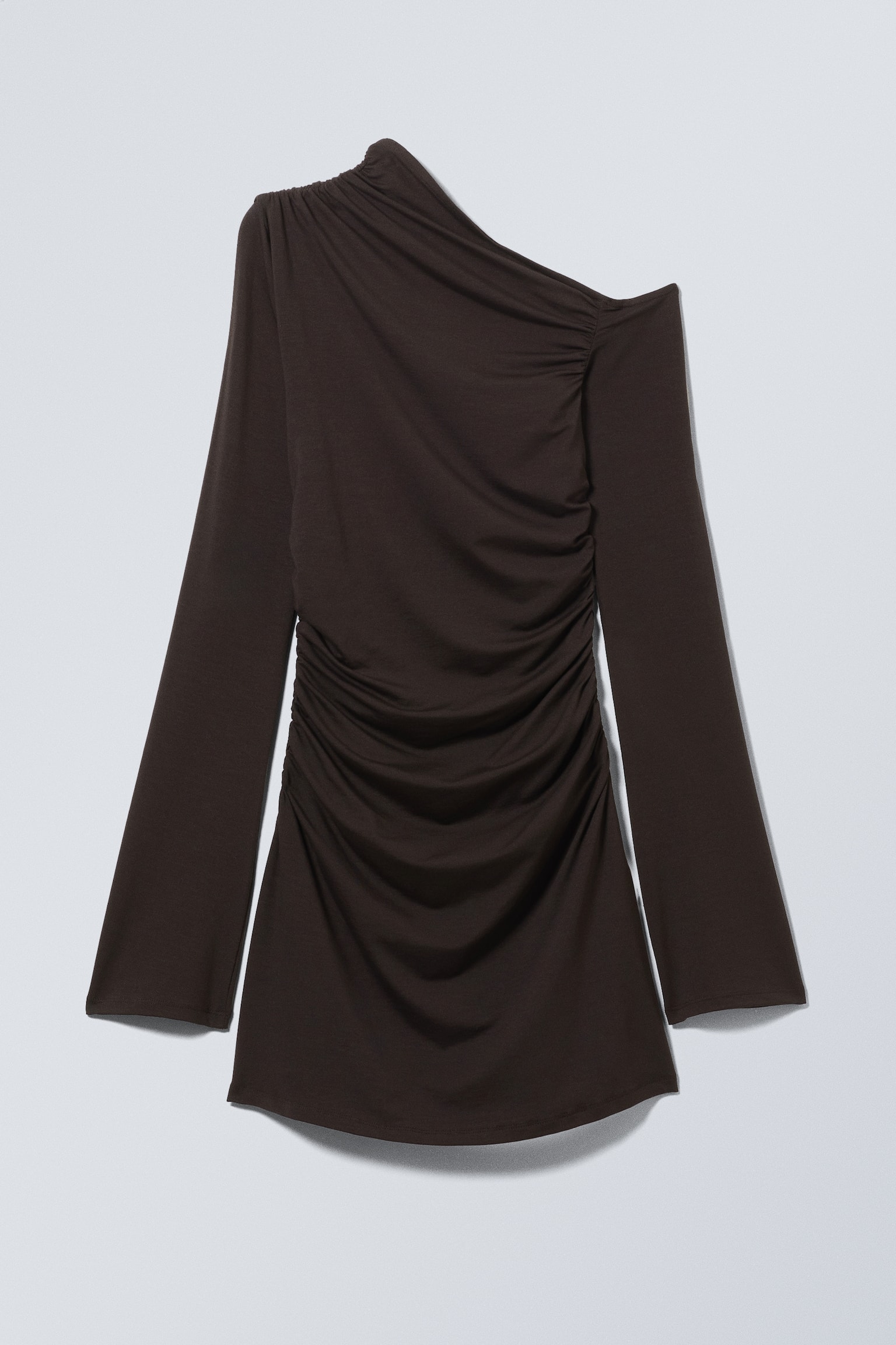 Gathered Mini Long Sleeve Dress - Dark Brown/Black - 1