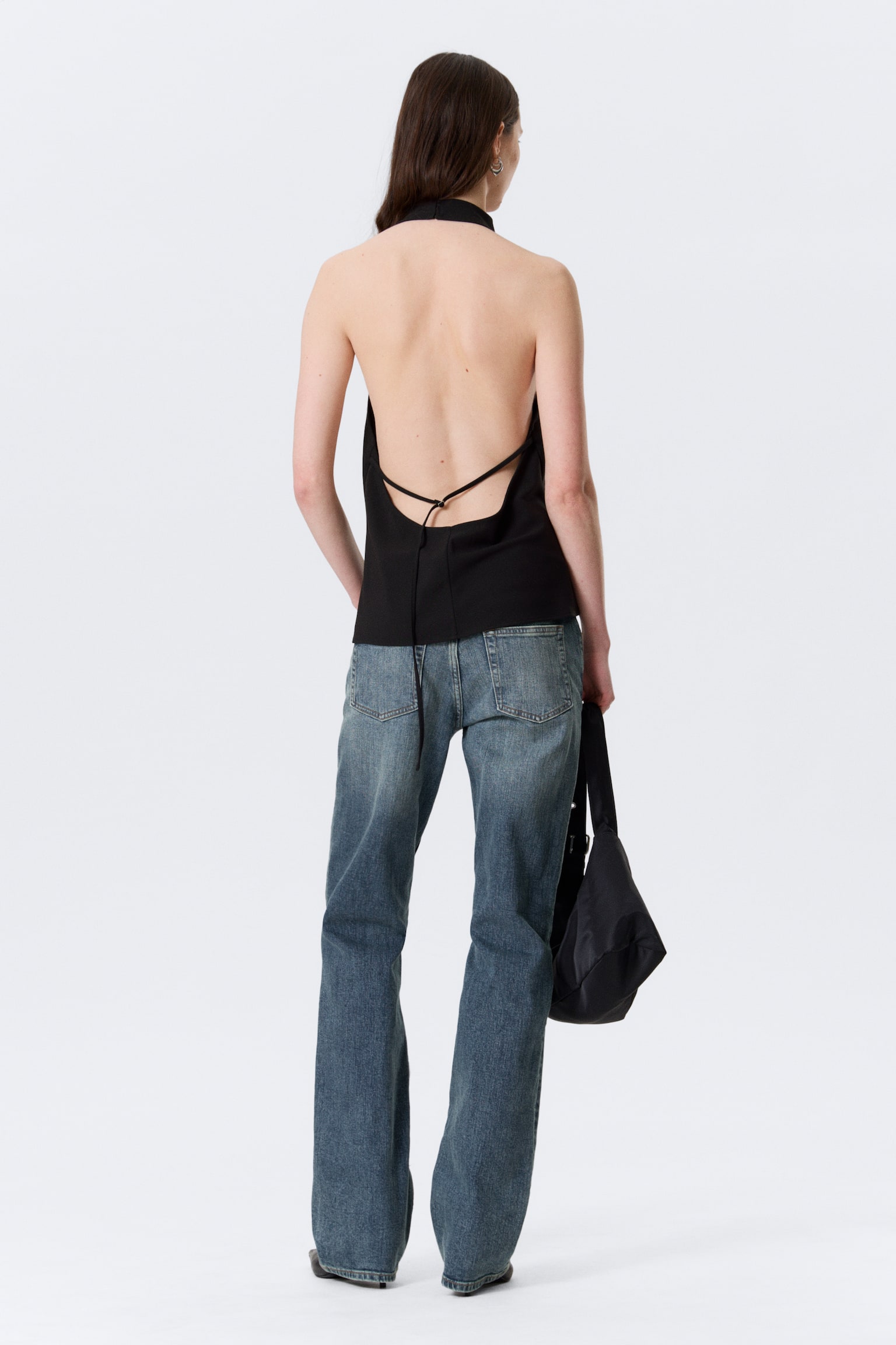 Gedrapeerde haltertop met col - Zwart - 3