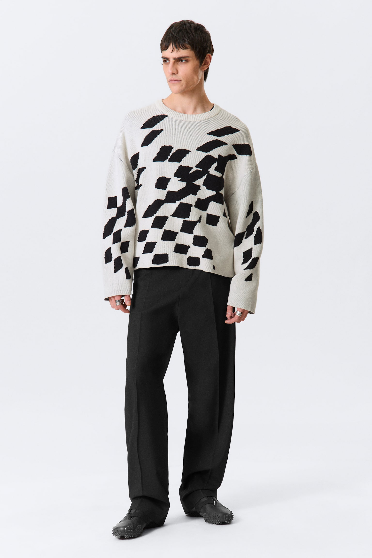 Boxy Jacquard-Pullover mit Grafikmuster - Dirty White - Kachelmuster - 4