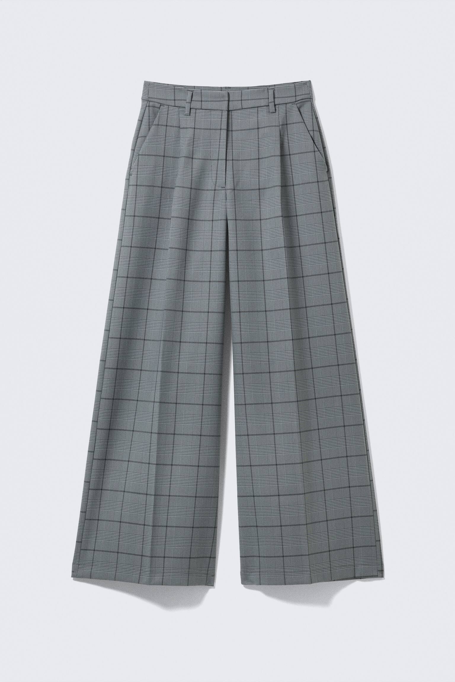 Pleated High Waist Wide Leg Suiting Trousers - Checked Grey/Black/Black