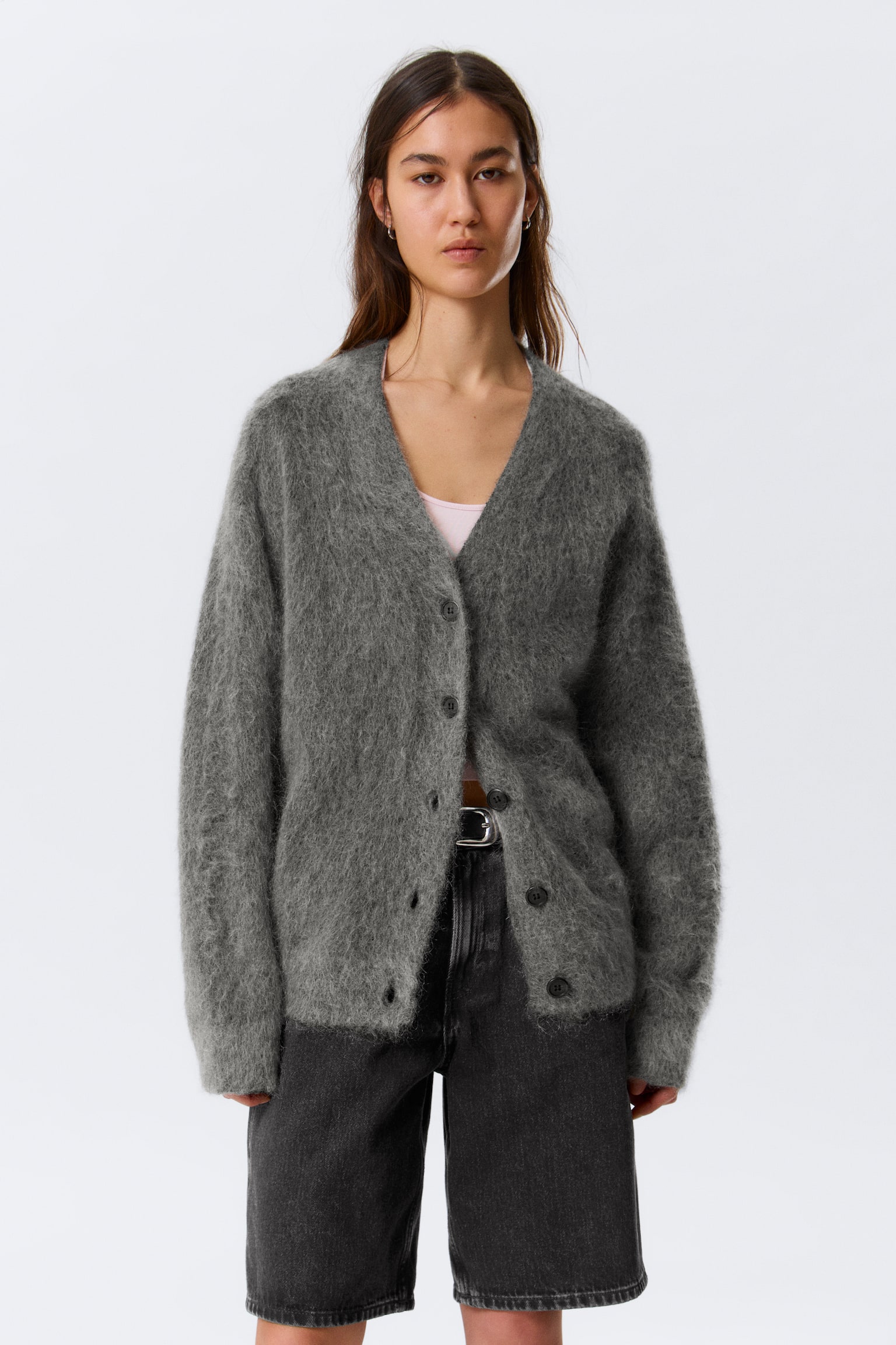 Cardigan a V in misto mohair - Grigio scuro/Marrone scuro mélange - 3