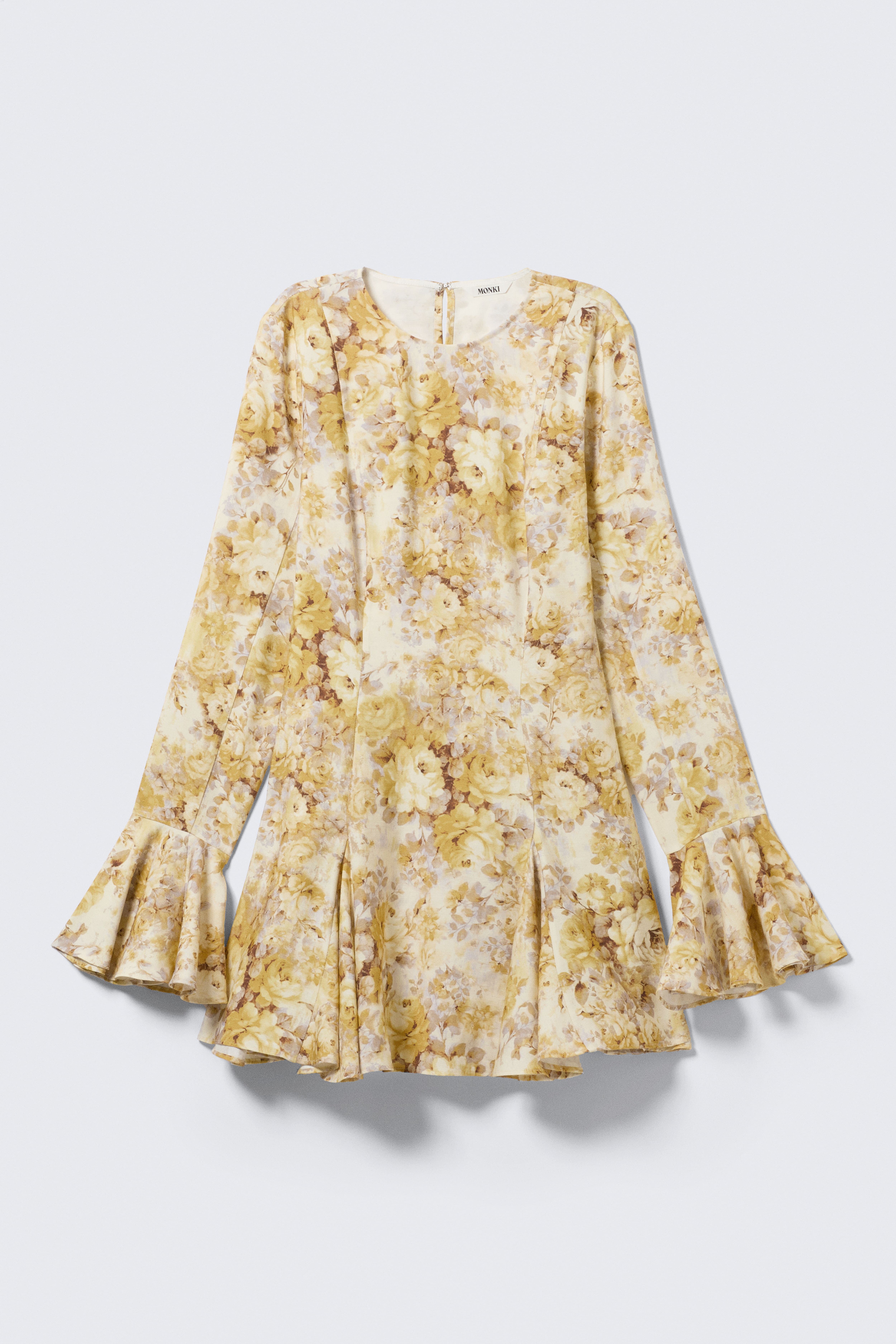 Abito a volant con maniche lunghe - Stampa floreale gialla