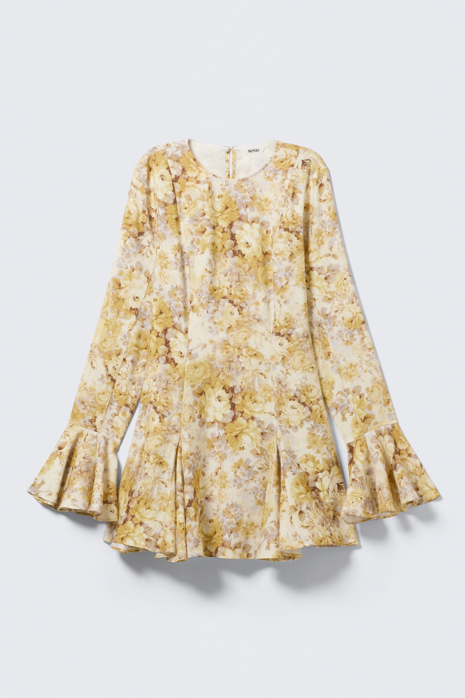 Nauwsluitende mini-jurk met lange mouwen en volant - Gele bloemenprint - 2