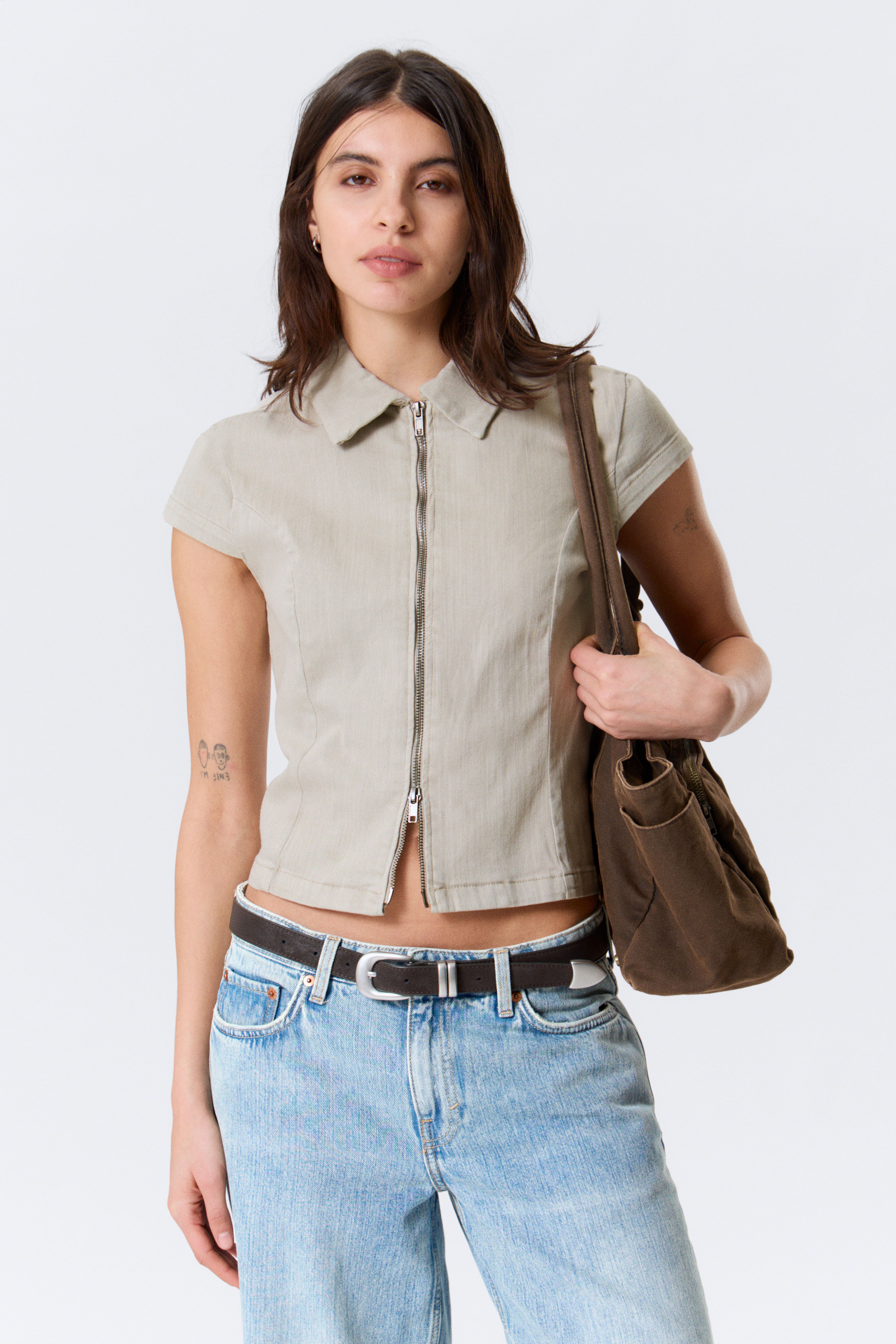 Top a zip e maniche corte - Beige/Grigio scuro/Nero a righe/Grigio scuro mélange/Nero