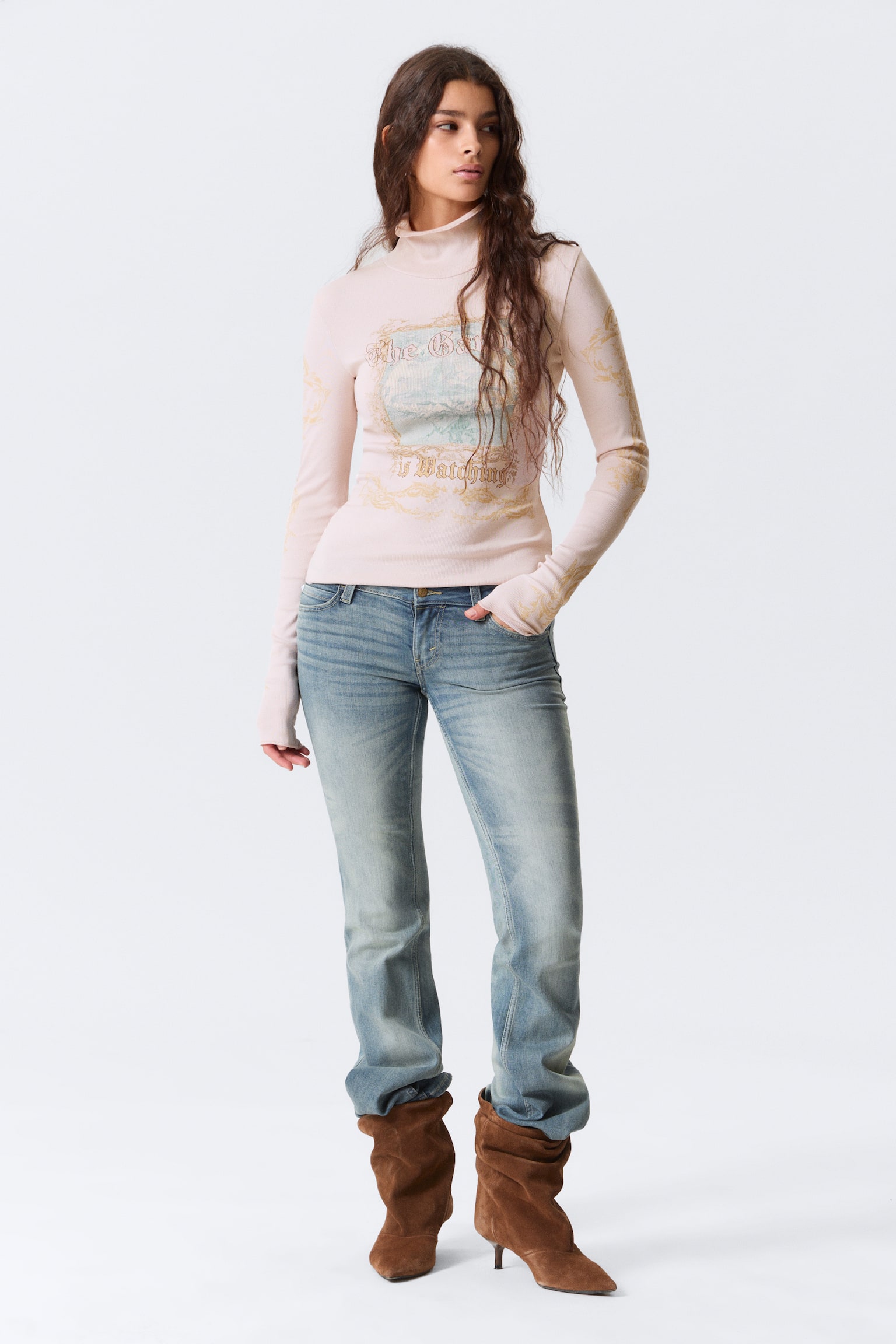 Nauwsluitende top met turtleneck - Light Pink - The Garden/Bruin - 5