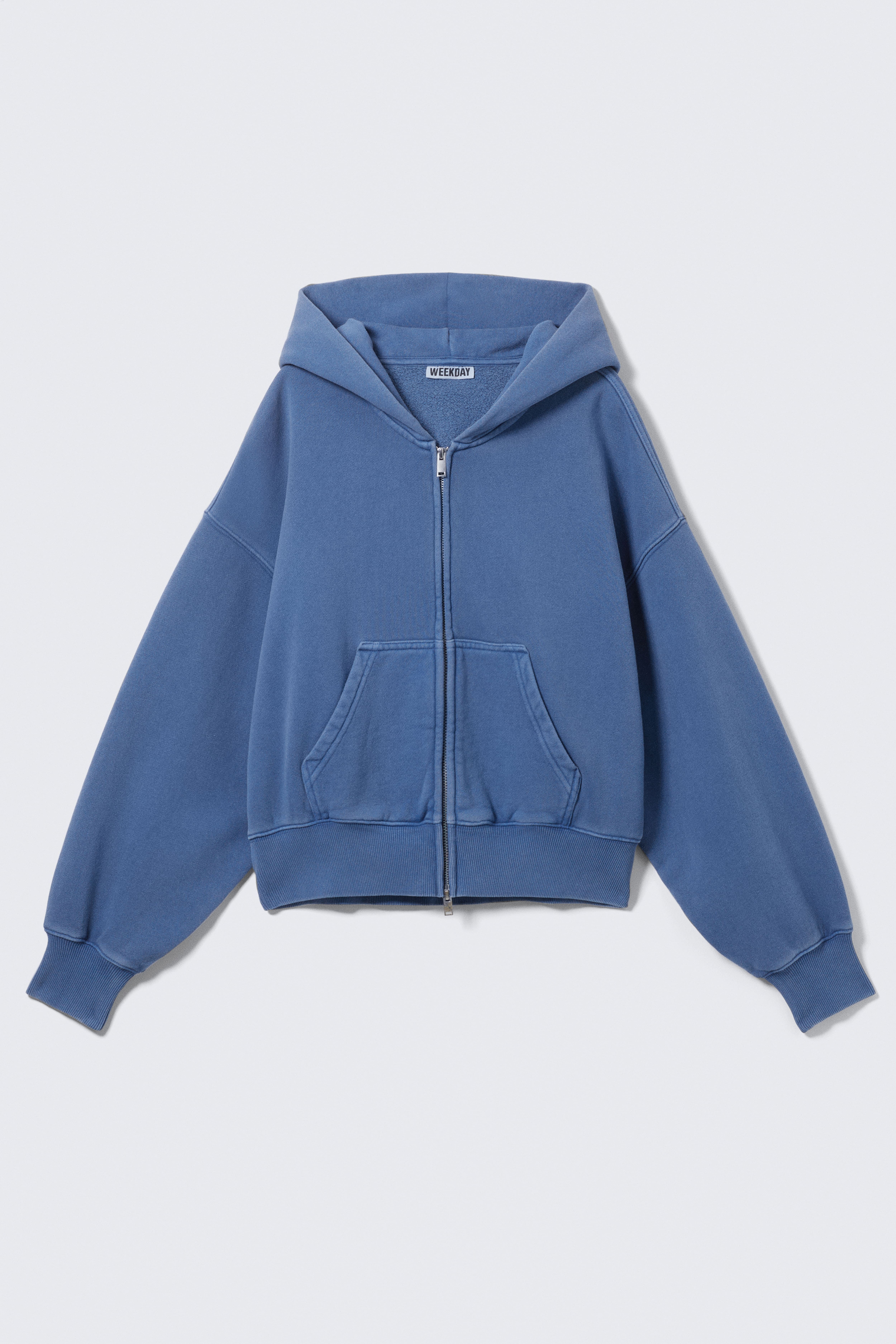 Kurzer Boxy-Hoodie mit Reißverschluss - Gewaschenes Blau/Grau meliert