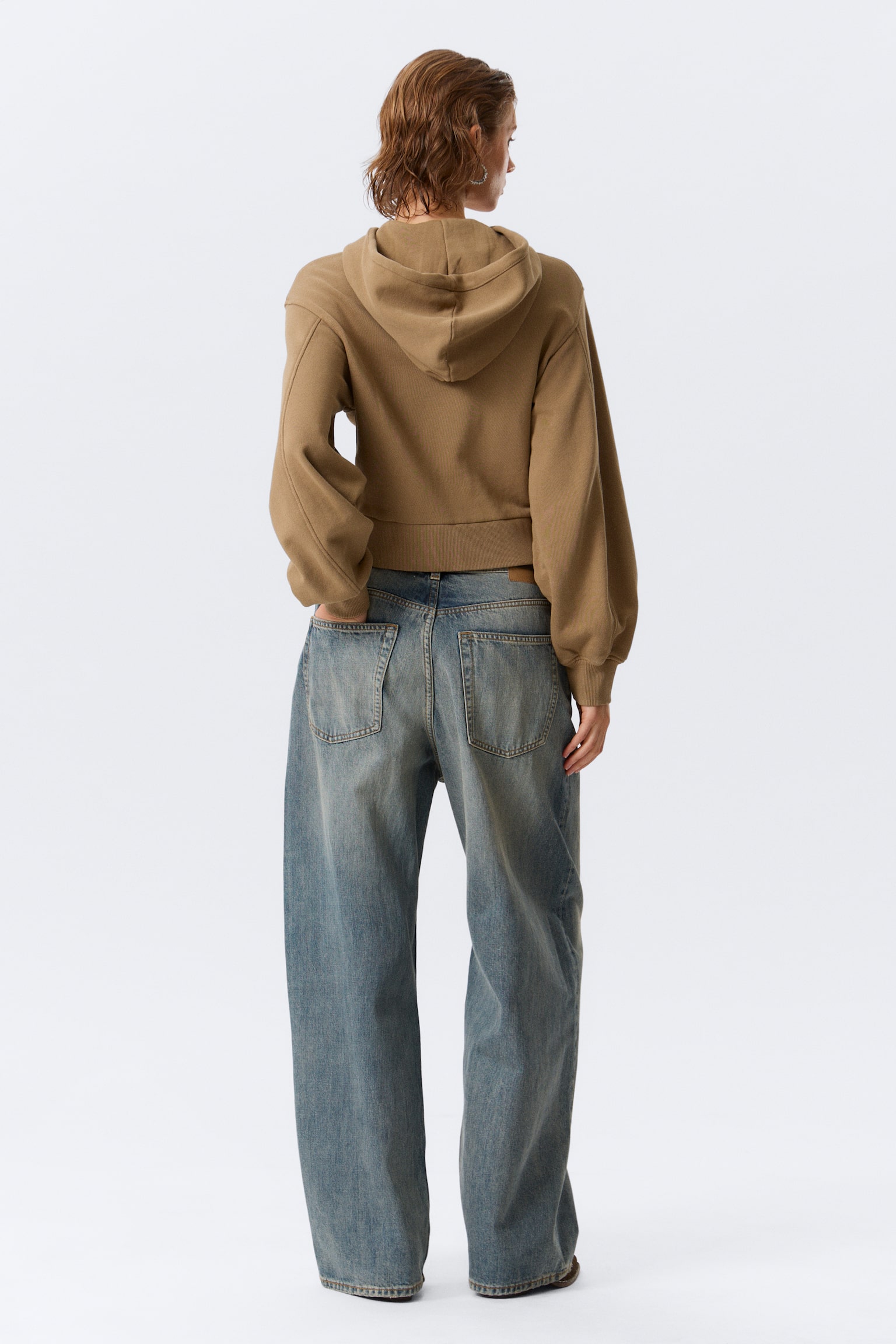 Zkrácená asymetrická mikina na zip - Washed Dark Beige/Černá - 4