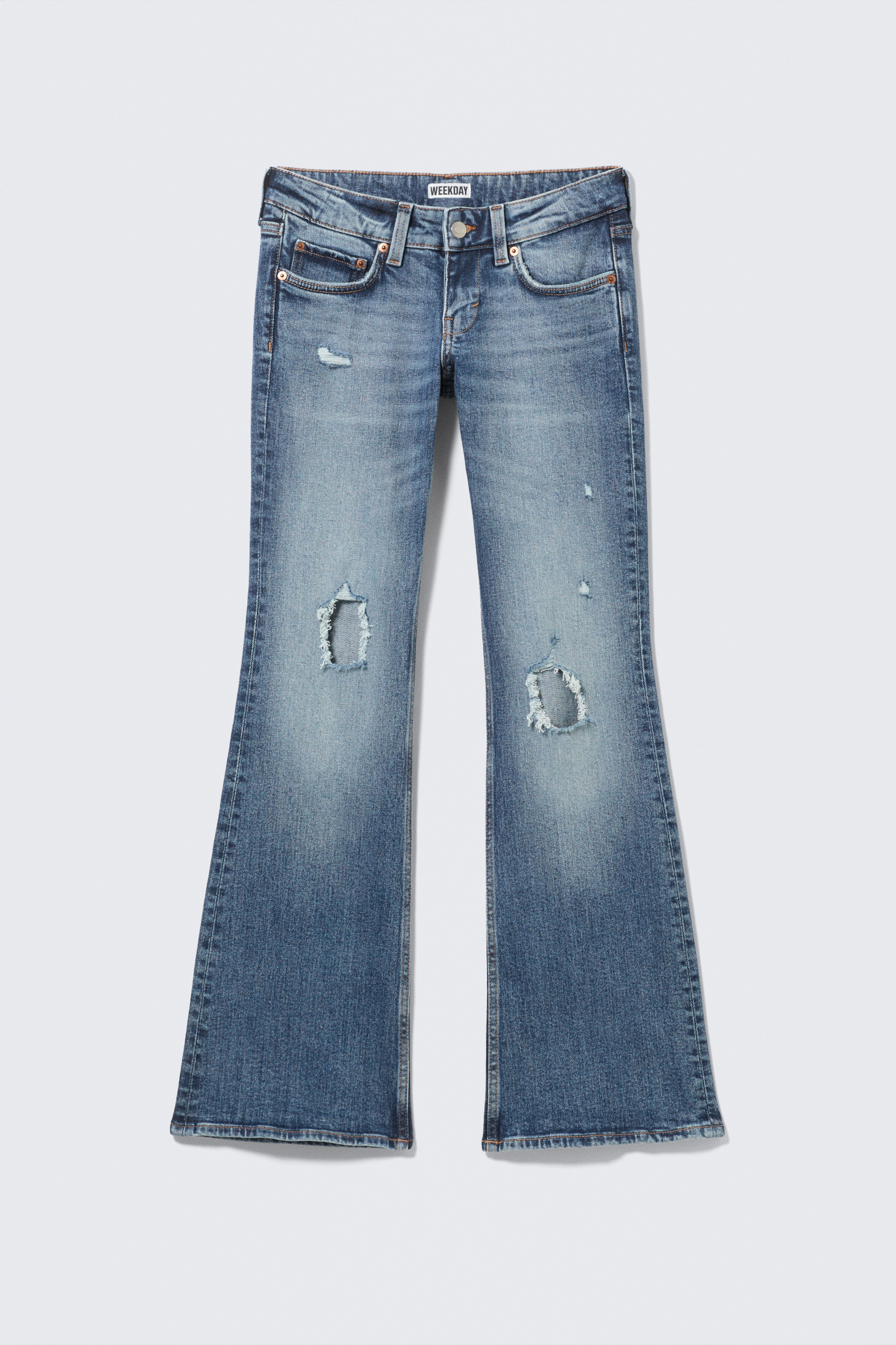 Blugi skinny cu talie joasă și croială bootcut, cu aspect uzat - Blue Horses - Albastru Mediu