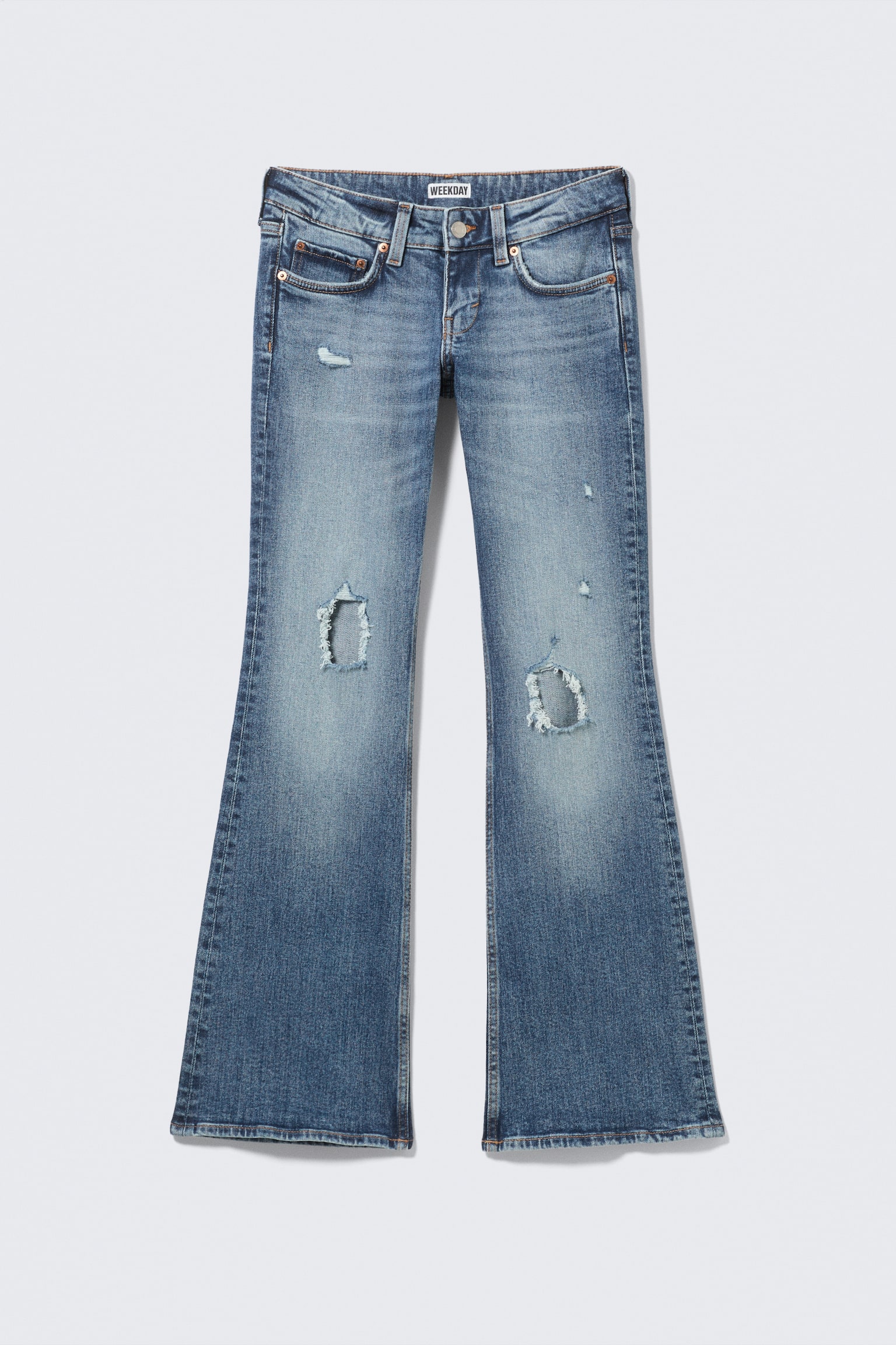 Nízke bedrové skinny bootcut rifle s roztrhaným efektom - Modré kone - stredne modrá - 2