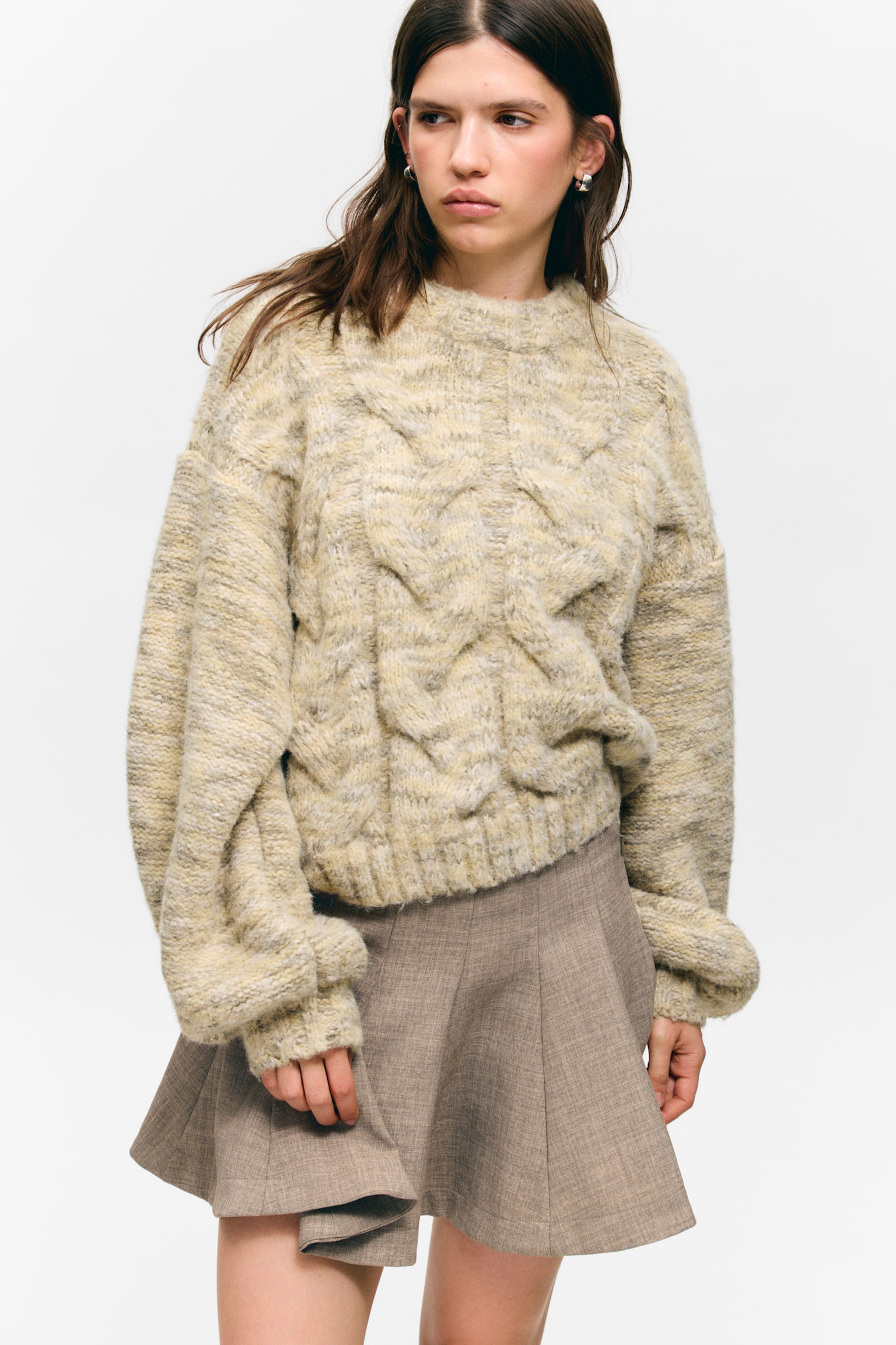 Grob gestrickter Zopfpullover - Staubgelb meliert/Hellrosa meliert - 6