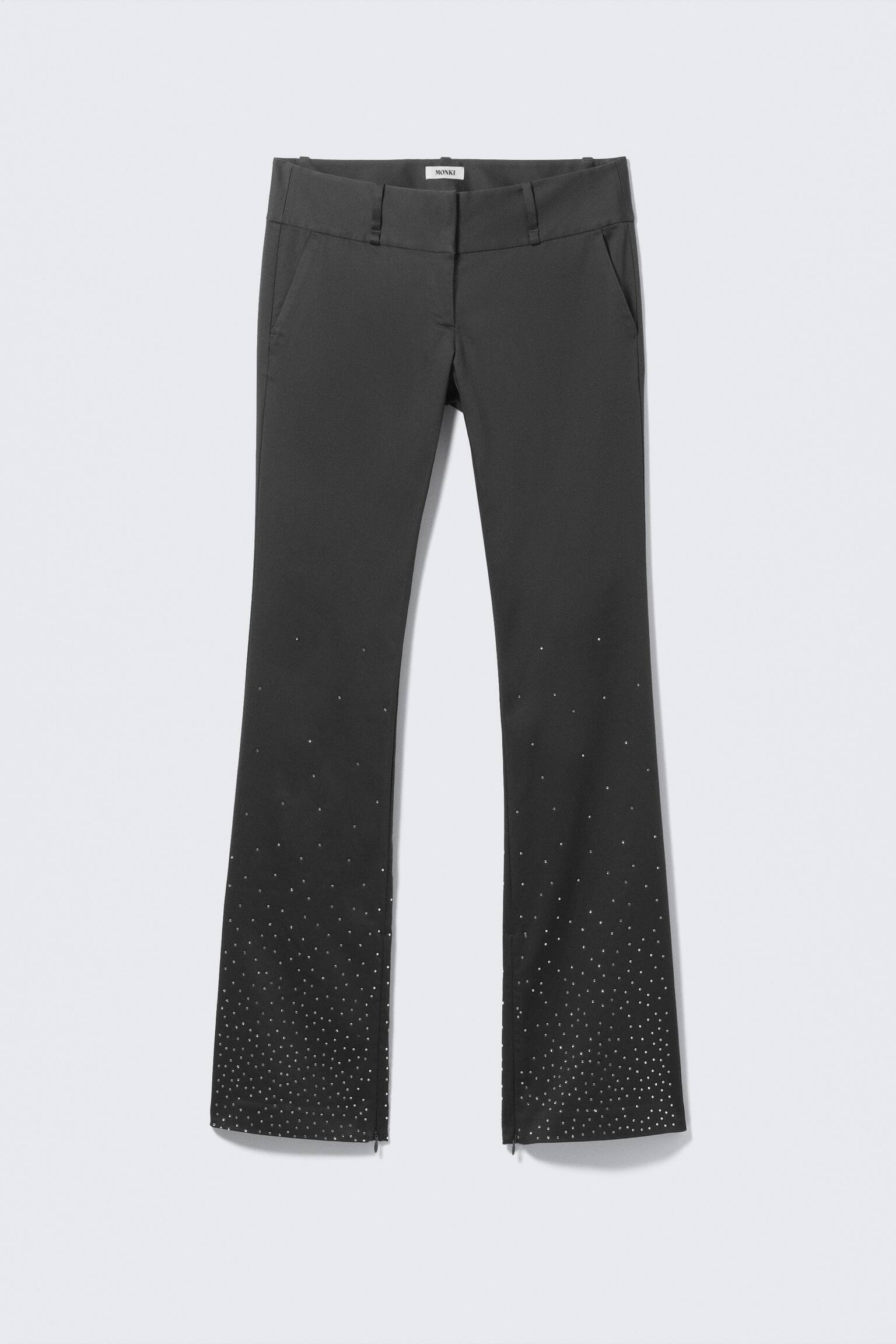 Satijnen broek met rits en lage taille en strass-steentjes - Donkergrijs - Strass - 2