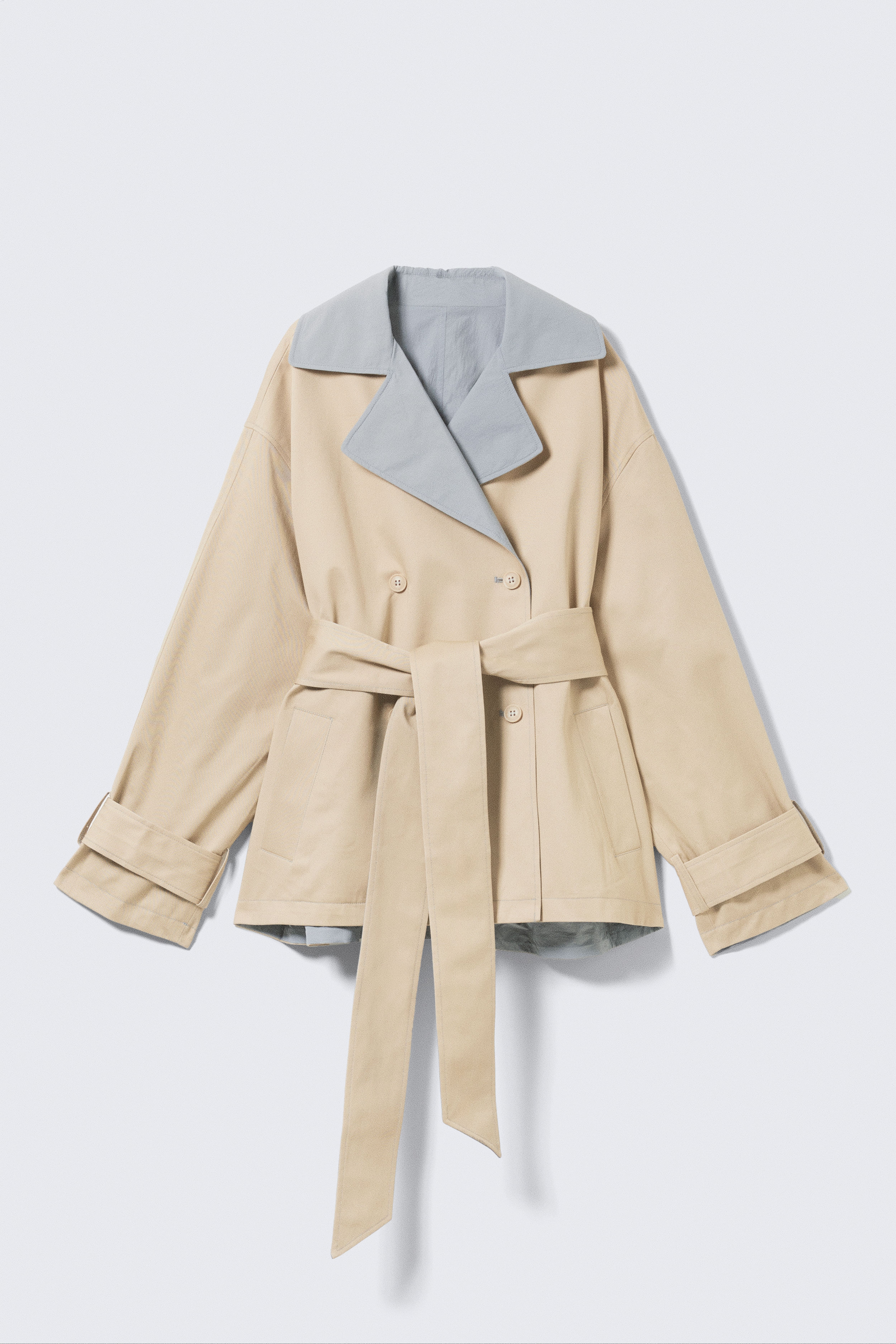 Kurzer, wendbarer Zweireiher-Trenchcoat - Beige & Hellgrau/Beige & Khakigrün