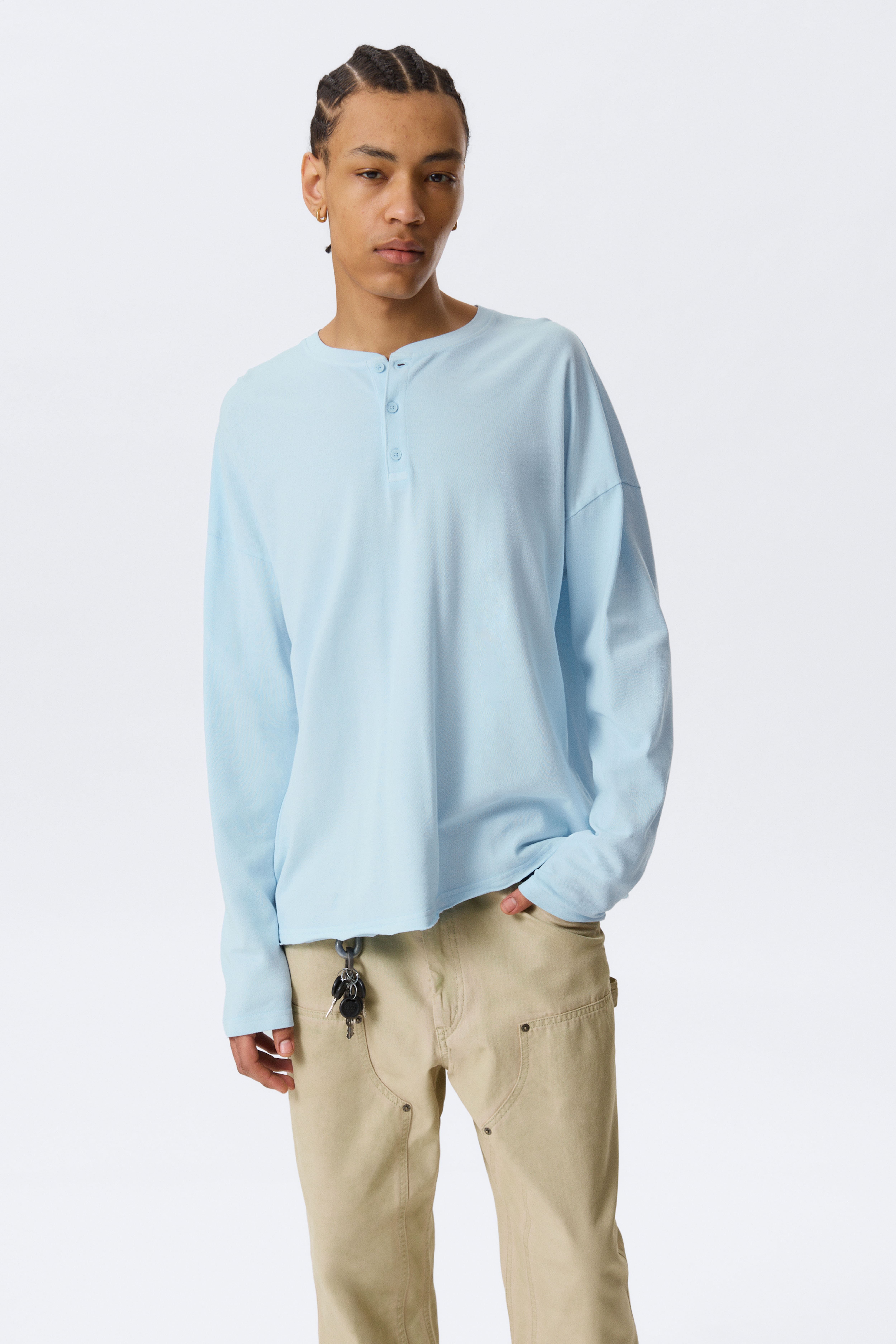 Χαλαρό μακρυμάνικο Henley T-shirt - Ανοιχτό Μπλε/Σκούρο Γκρι