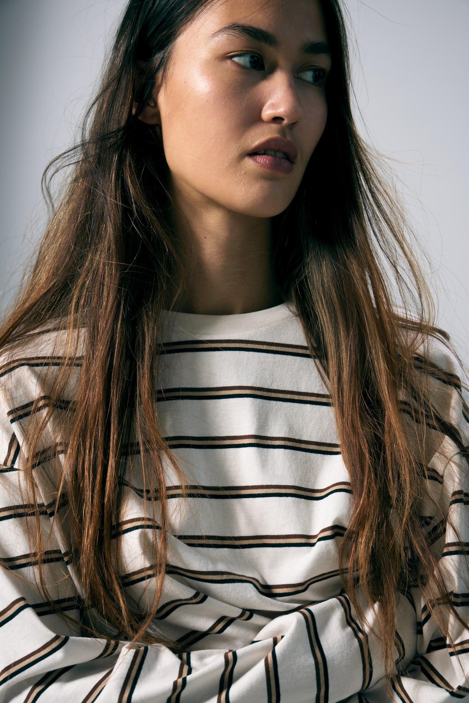 Langærmet bomulds-T-shirt - Støvet hvid - Brune striber/Blå multistriber/Marineblå/Pink Stribe/Koral/lilla striber - 4