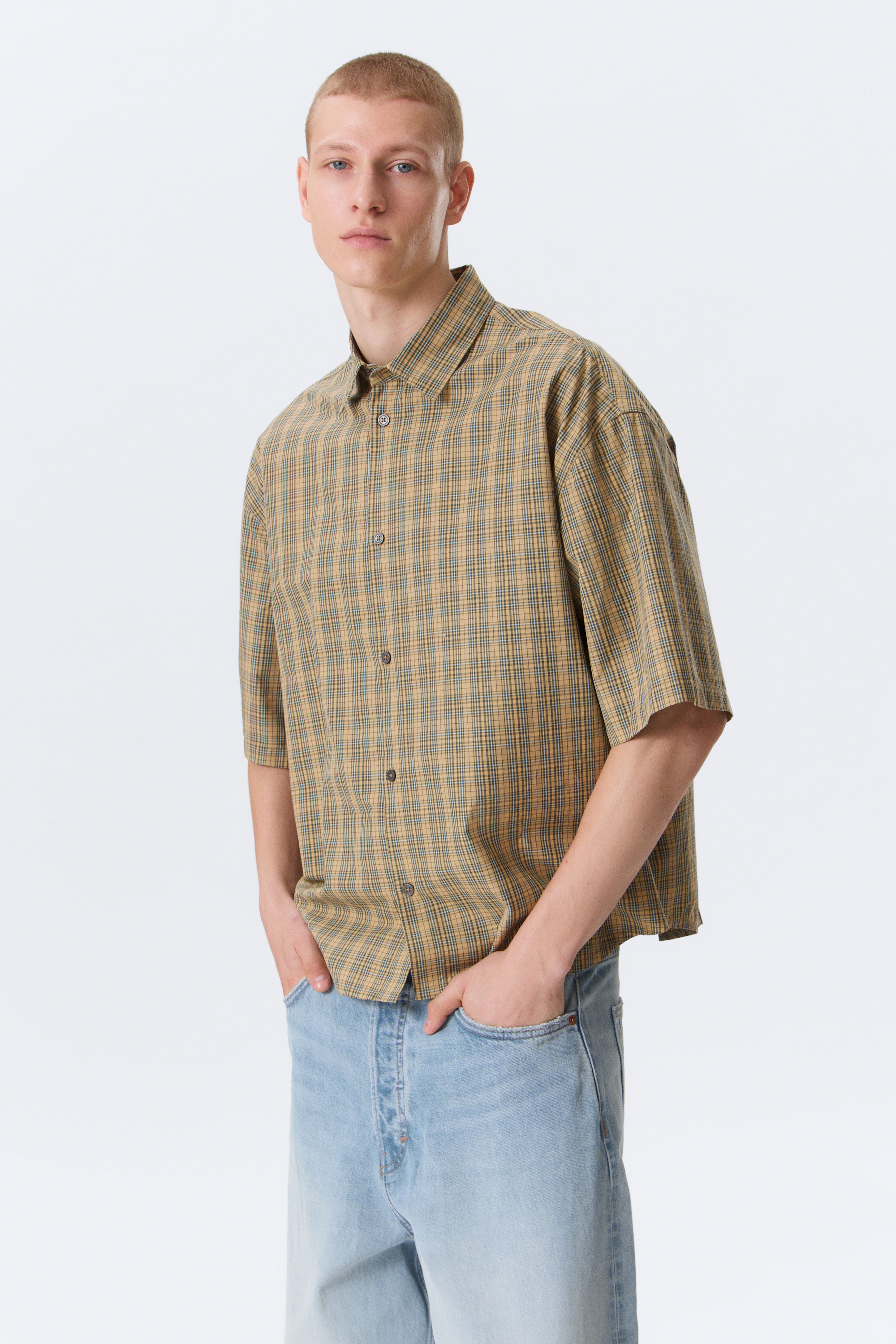 Camicia boxy a maniche corte - Checked Beige