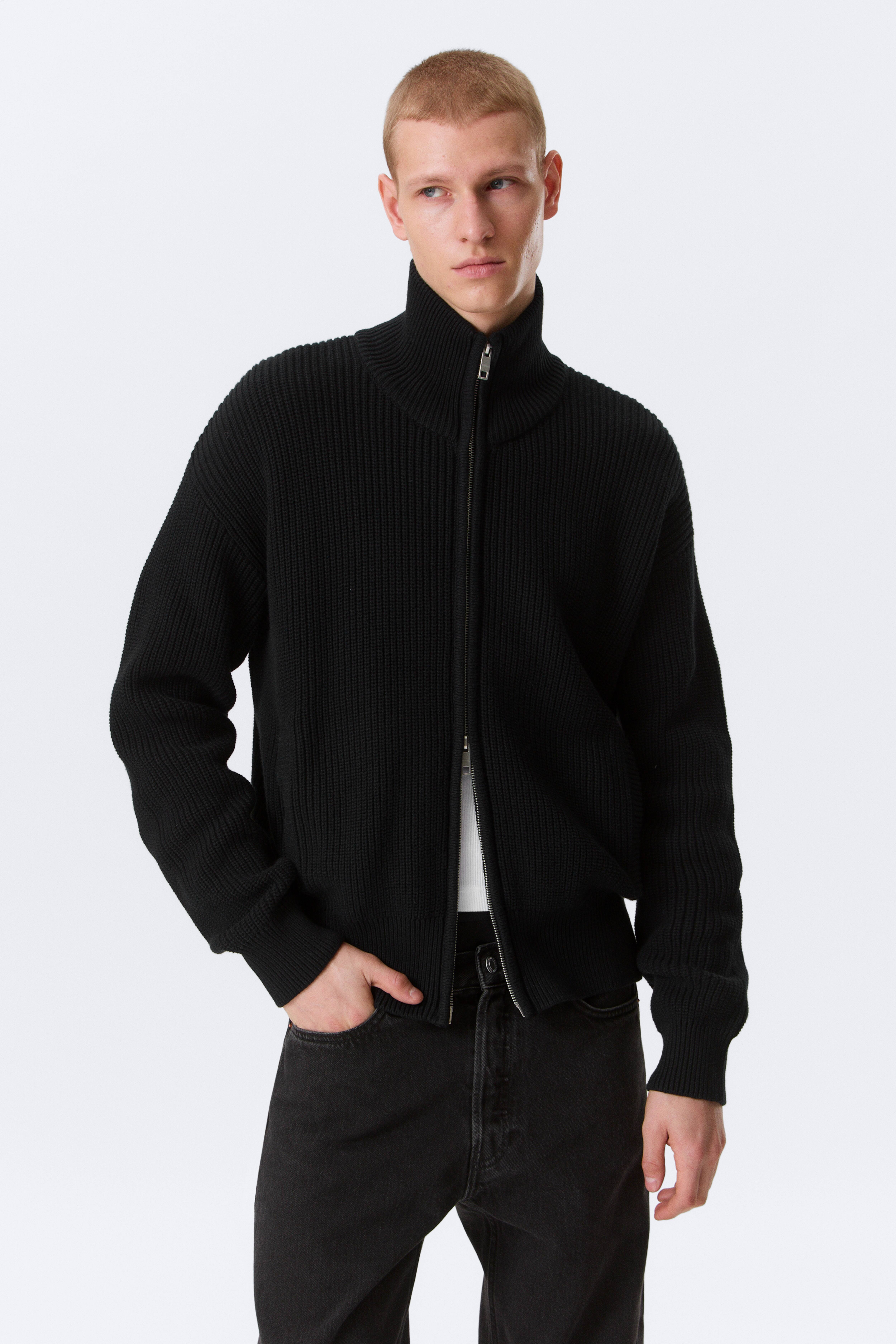 Relaxed High-Neck Zip Knit Cardigan - Black