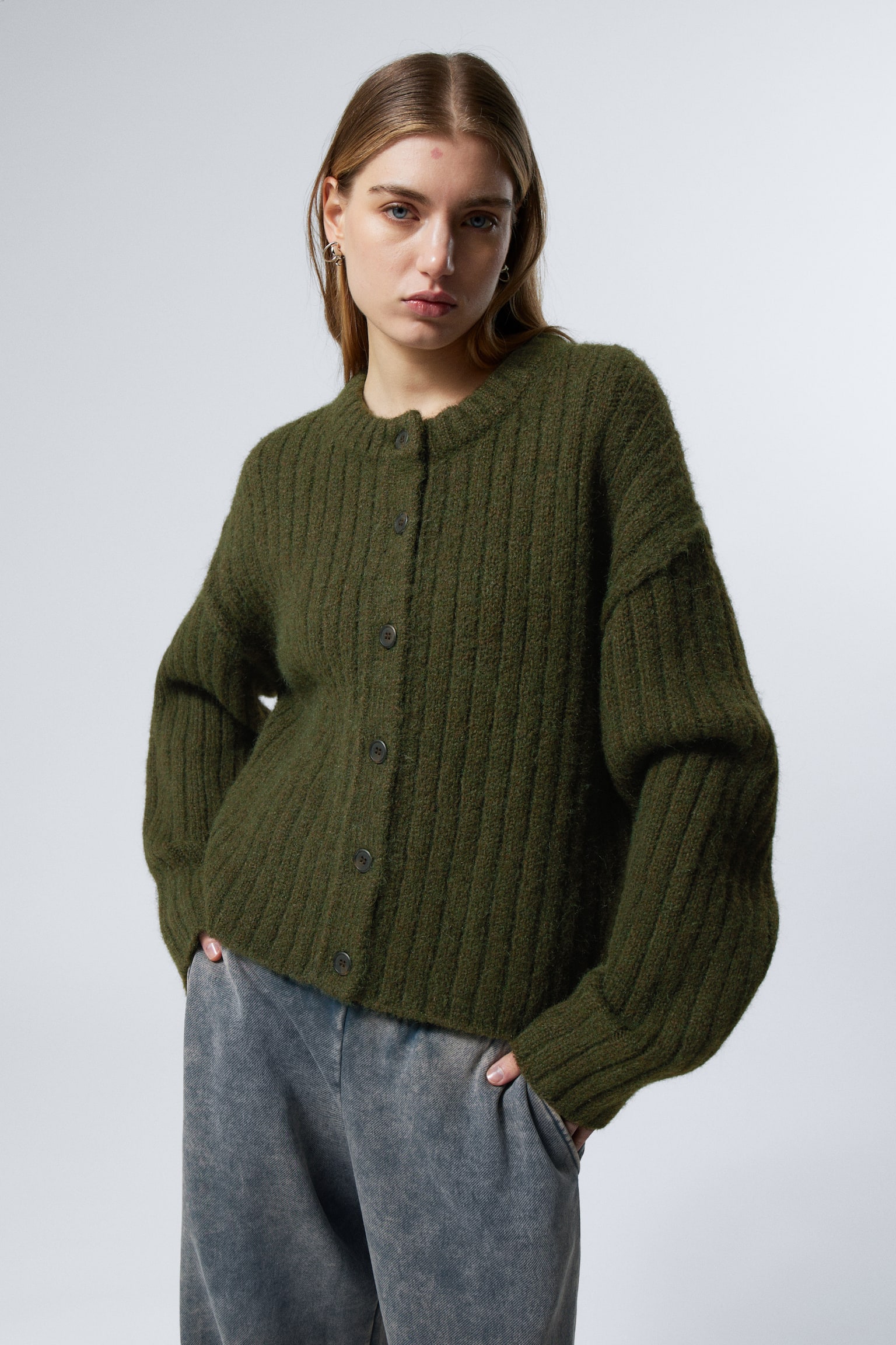 Loose Knitted Cardigan - Dark Khaki Green/Navy Blue/Dark Grey/Dark Brown Melange/Light Grey Melange/Dark Brown Melange - 1