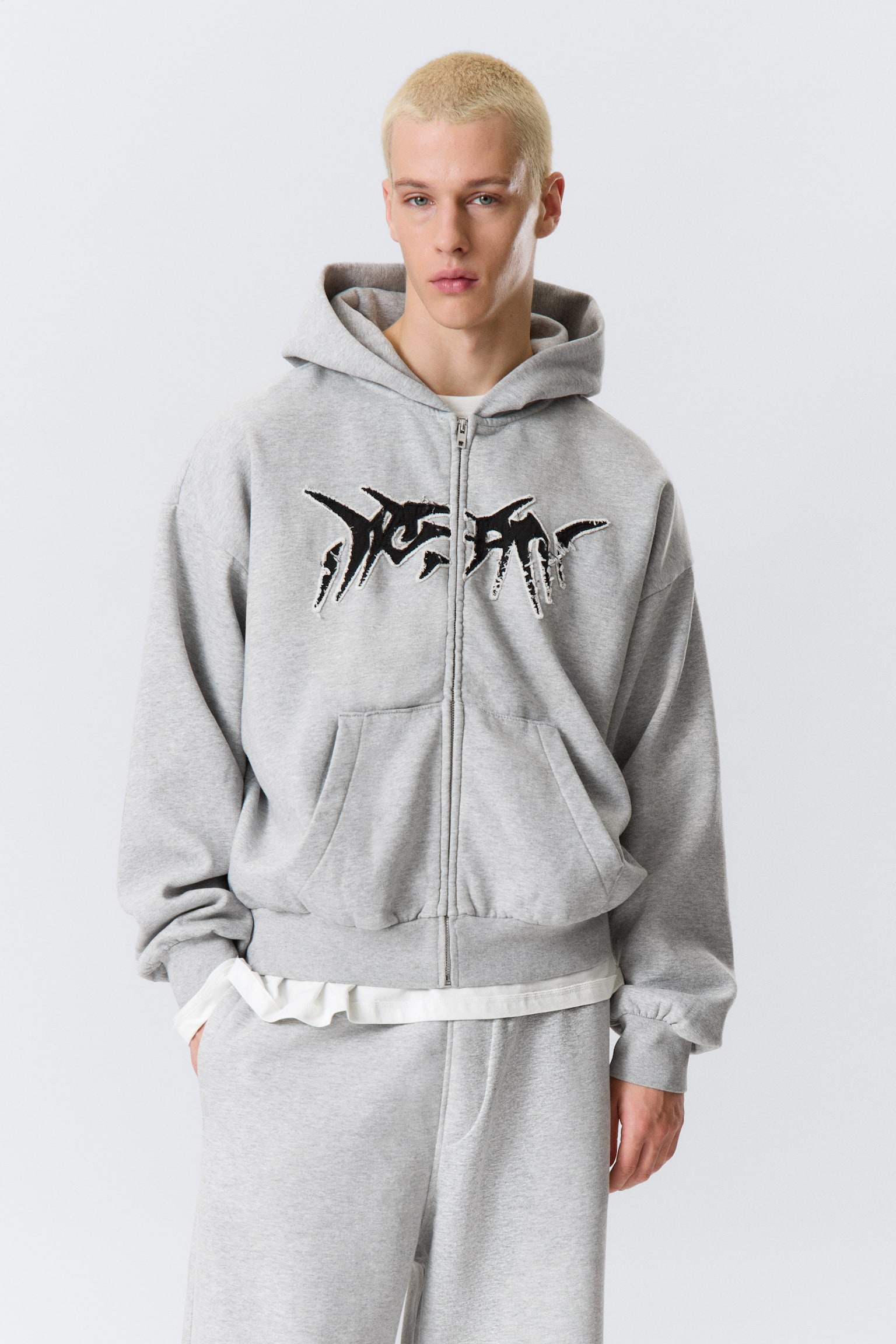 Grafischer Zip-Hoodie mit eckigem Schnitt - Grau meliert - "Dream" - 1