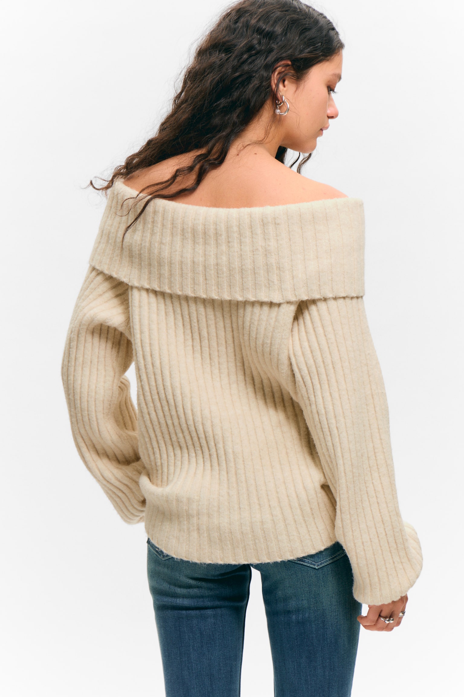 Off-Shoulder Ribbed Knitted Sweater - Light Beige/Grey Melange - 4