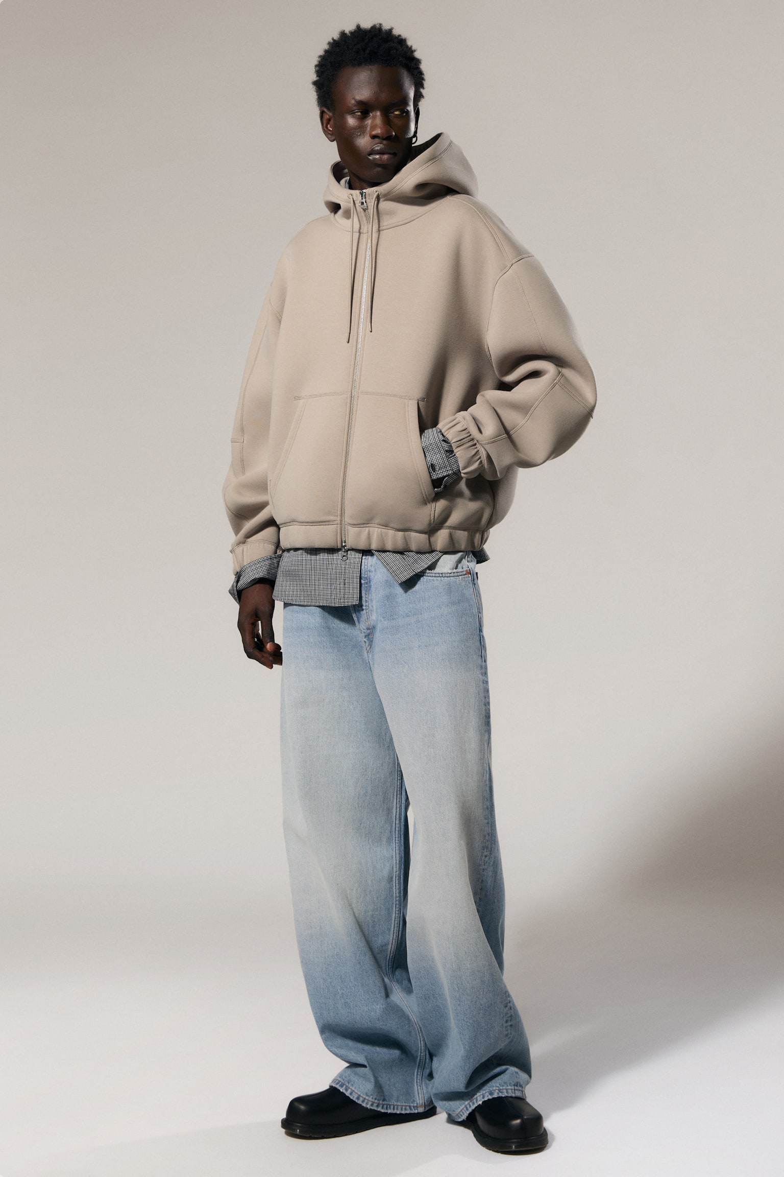 Loose High-Neck Scuba Zip Hoodie - Ljus dimmig mullvad/Svart - 1