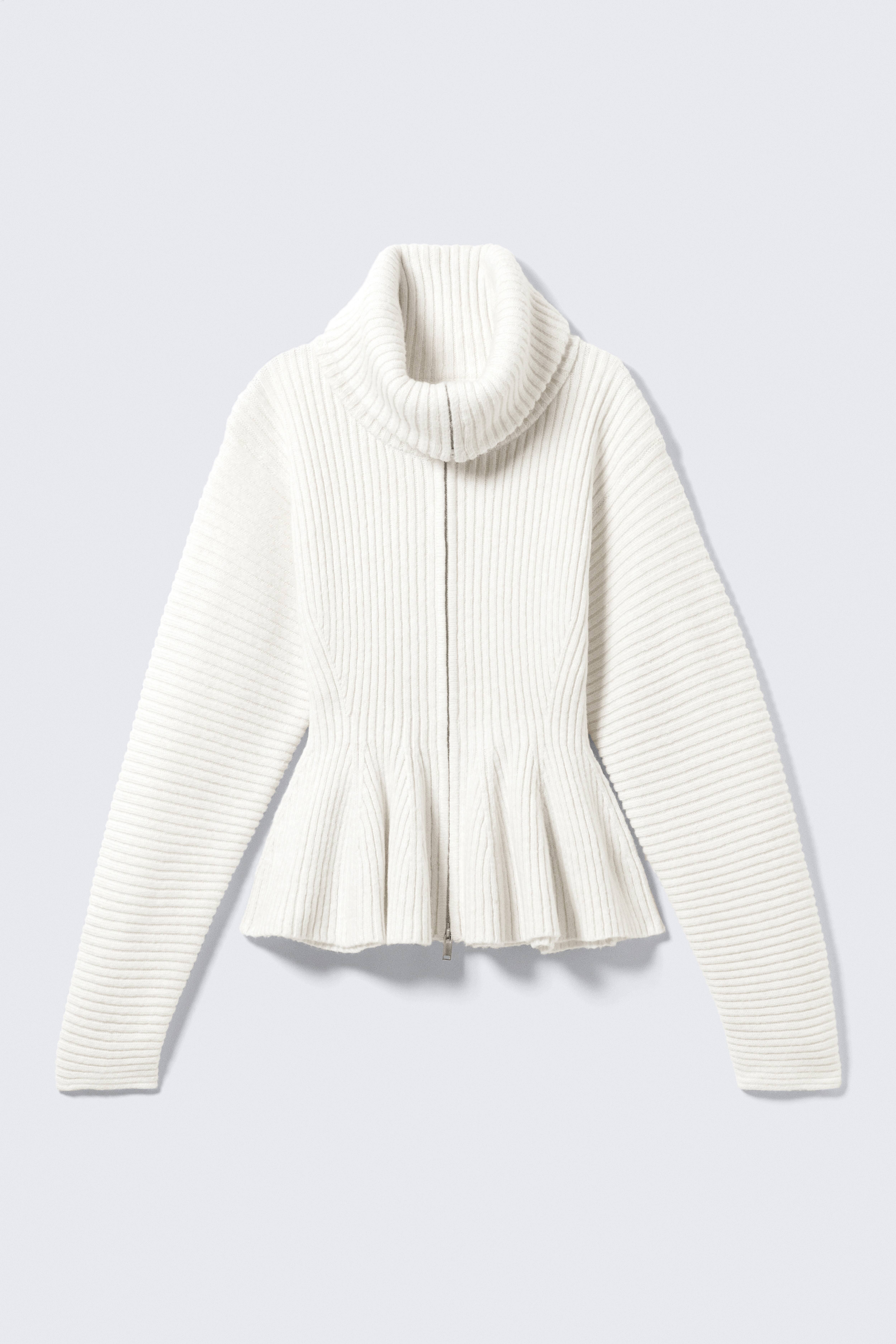 Pull zippé péplum en maille côtelée - Blanc/Taupe cendré