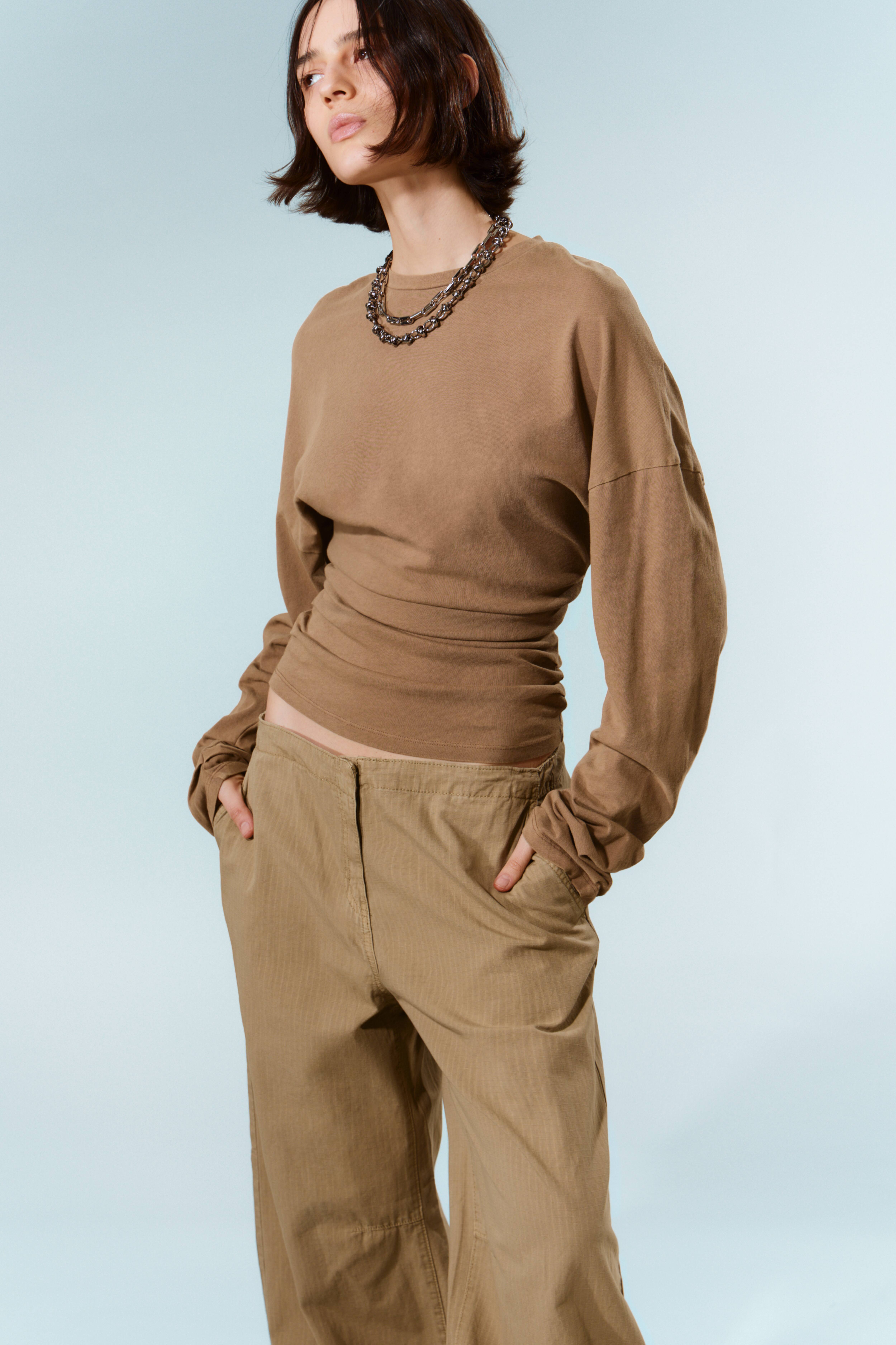 Plisseret Langærmet Top - Mørk beige/Lys gråmeleret