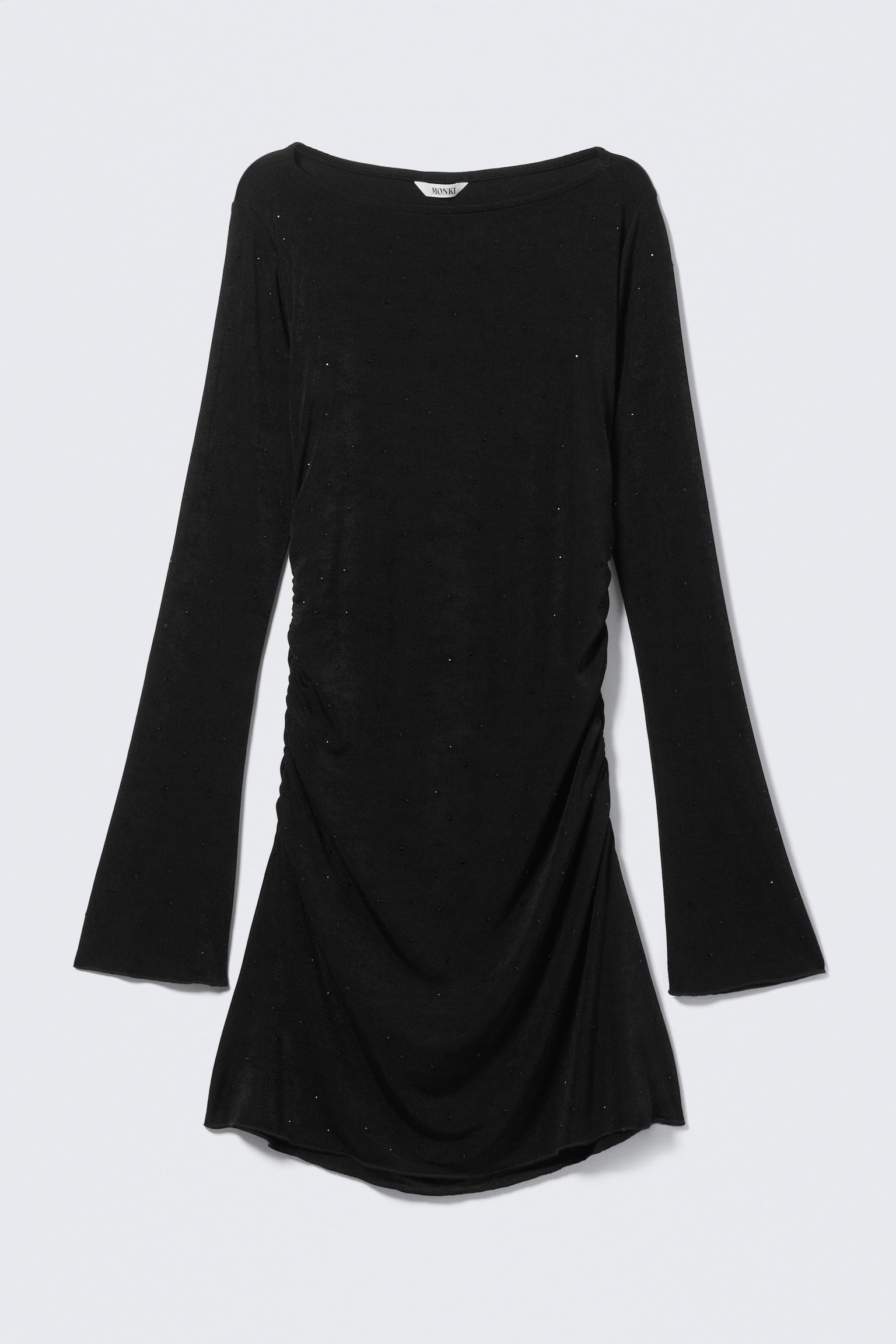 Gerafftes Langarm-Minikleid mit U-Boot-Ausschnitt - Schwarz - Strasssteine - 2