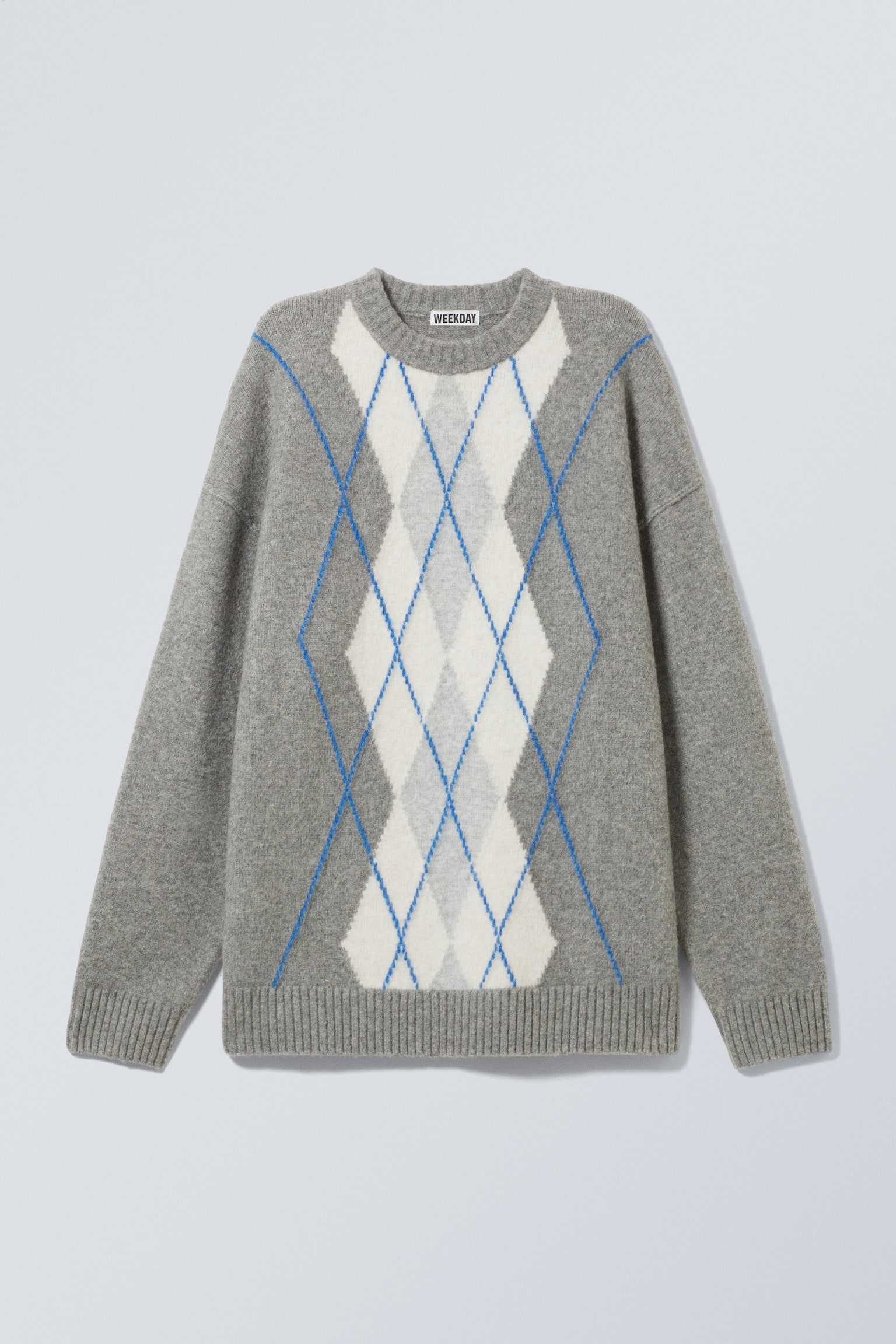 Oversized Argyle Knitted Sweater - Grey