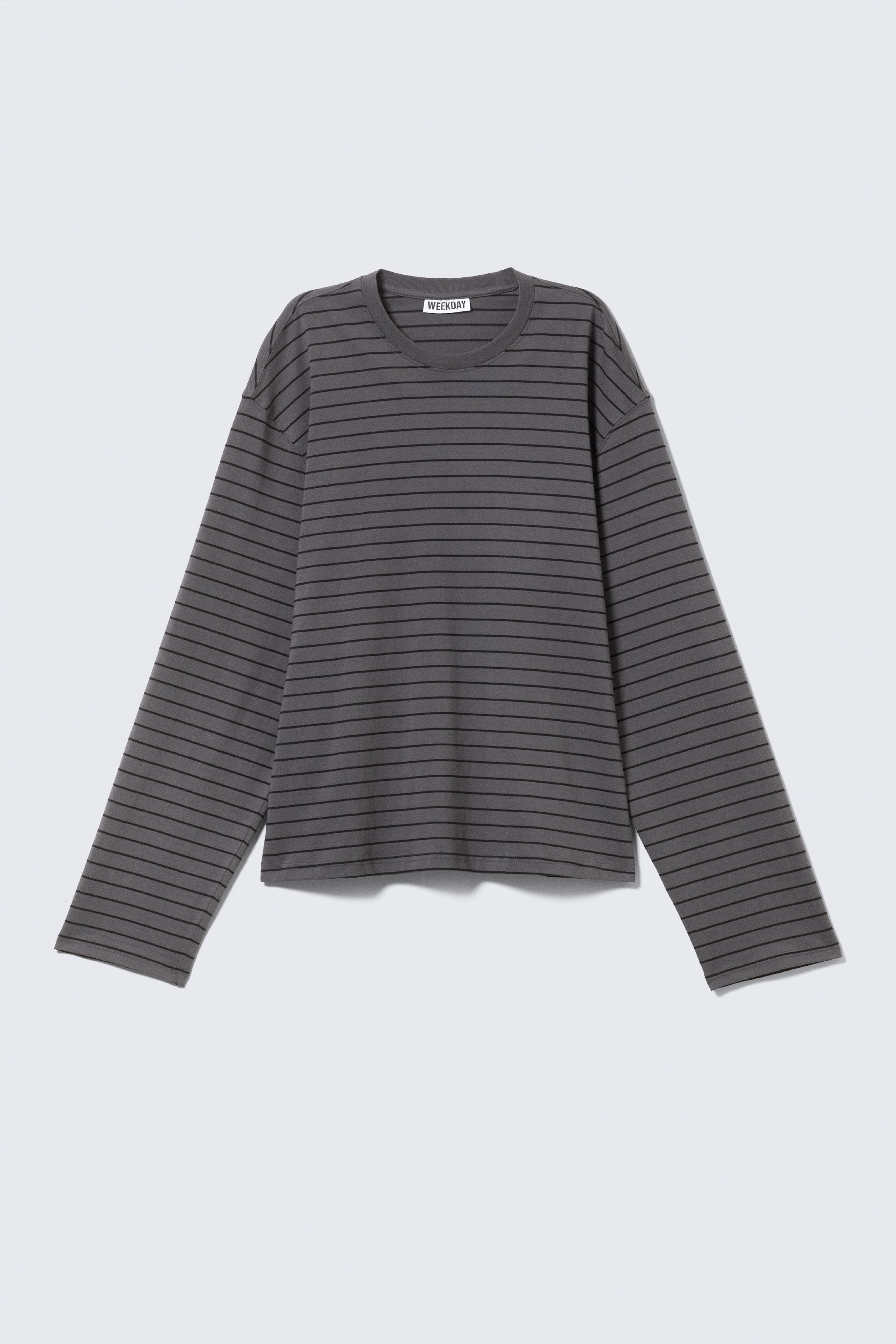 Boxy katoenen T-shirt met lange mouwen - Gestreept donkergrijs/Wit/Zwart/Zwart met strepen/Helderblauw