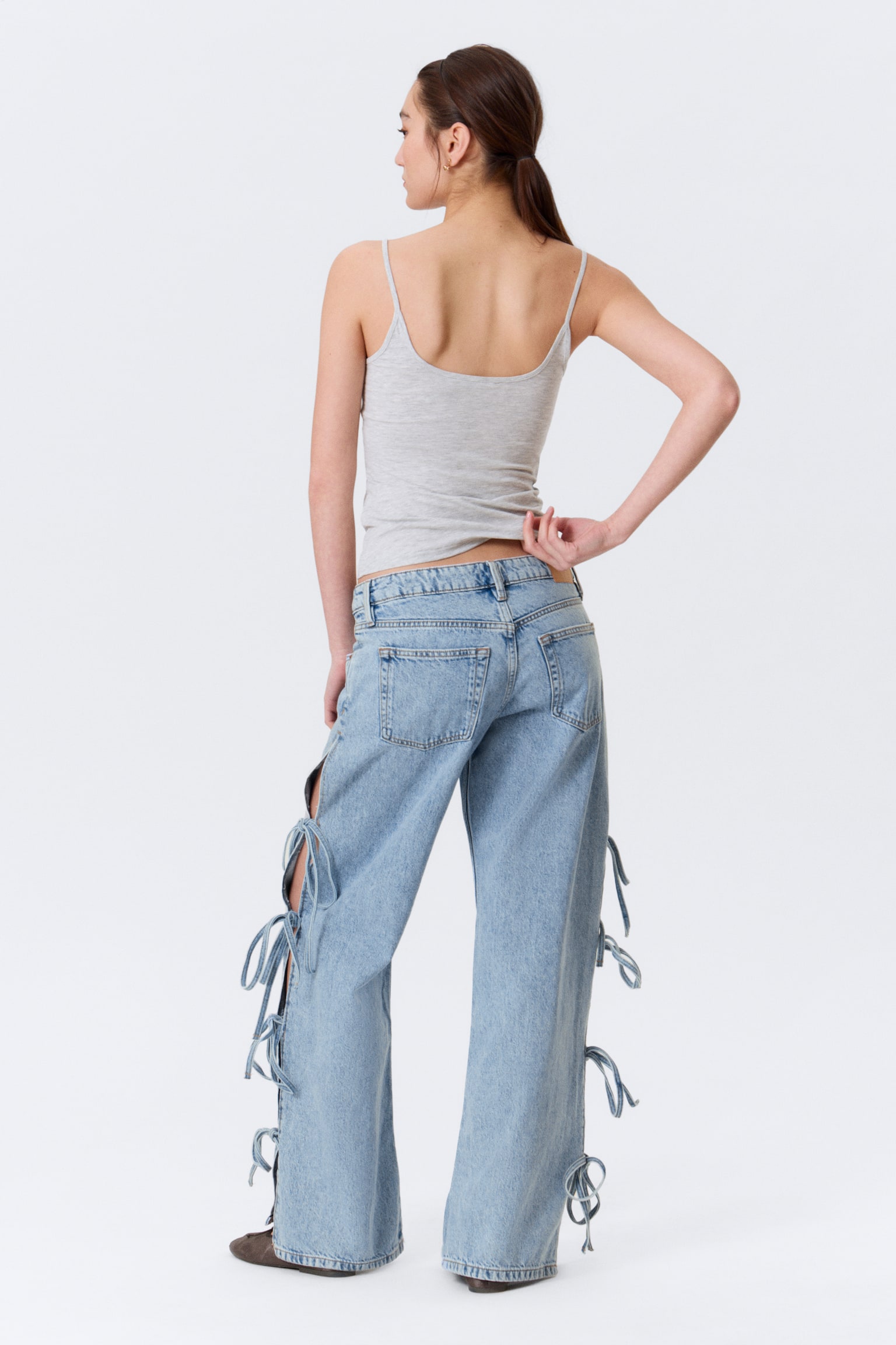 Imoo Low Waist Loose Wide Leg Bow Jeans - Mid Blue - Mellanblå - 4