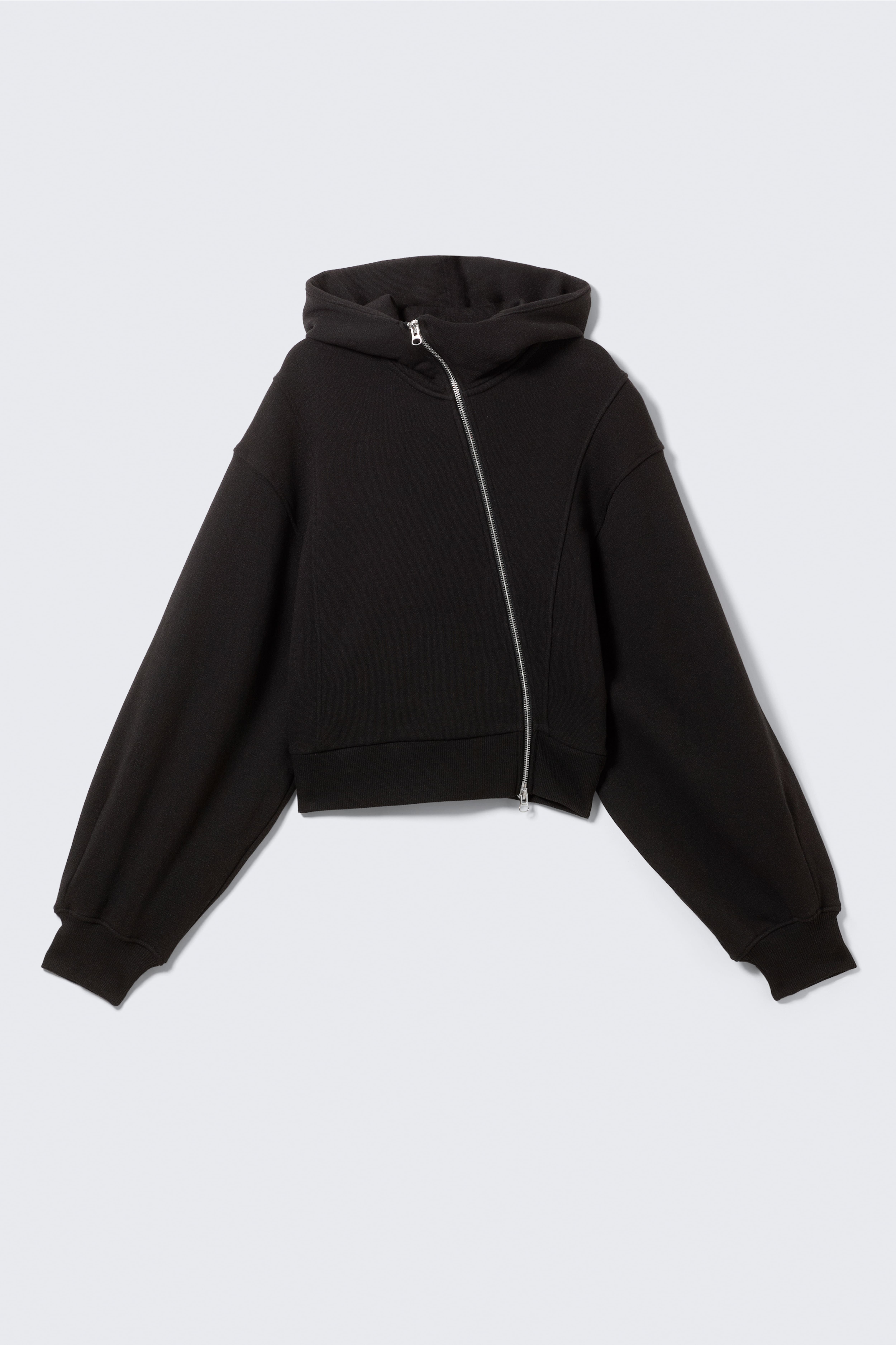 Cropped Hoodie mit asymmetrischem Reißverschluss - Schwarz/Gewaschenes Dunkelbeige