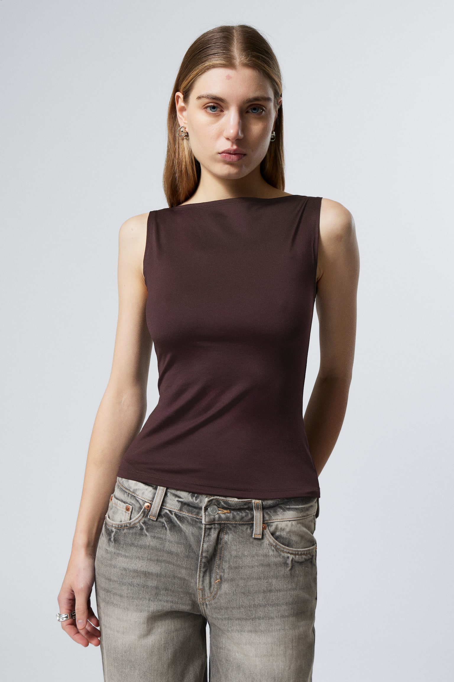 Annie Sleeveless Boat-Neck Top - Dark Plum/Black/White/Khaki Green/Dark Blue/Midnight Blue/Light Turquoise/Dark Brown/Red/Blue